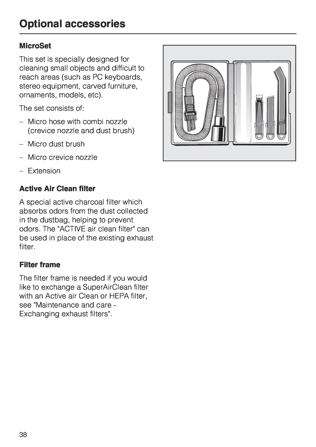 Miele S 5980 operating instructions Optional accessories, MicroSet, Active Air Clean filter, Filter frame 