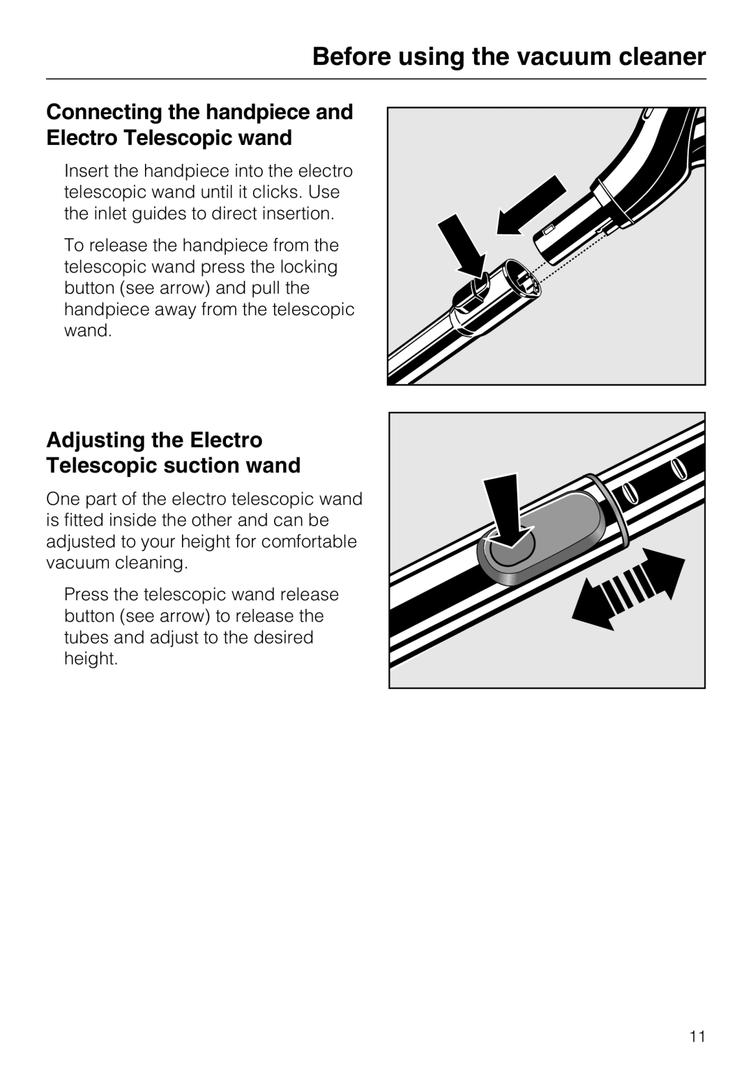 Miele S 5981 manual Connecting the handpiece Electro Telescopic wand, Adjusting the Electro Telescopic suction wand 