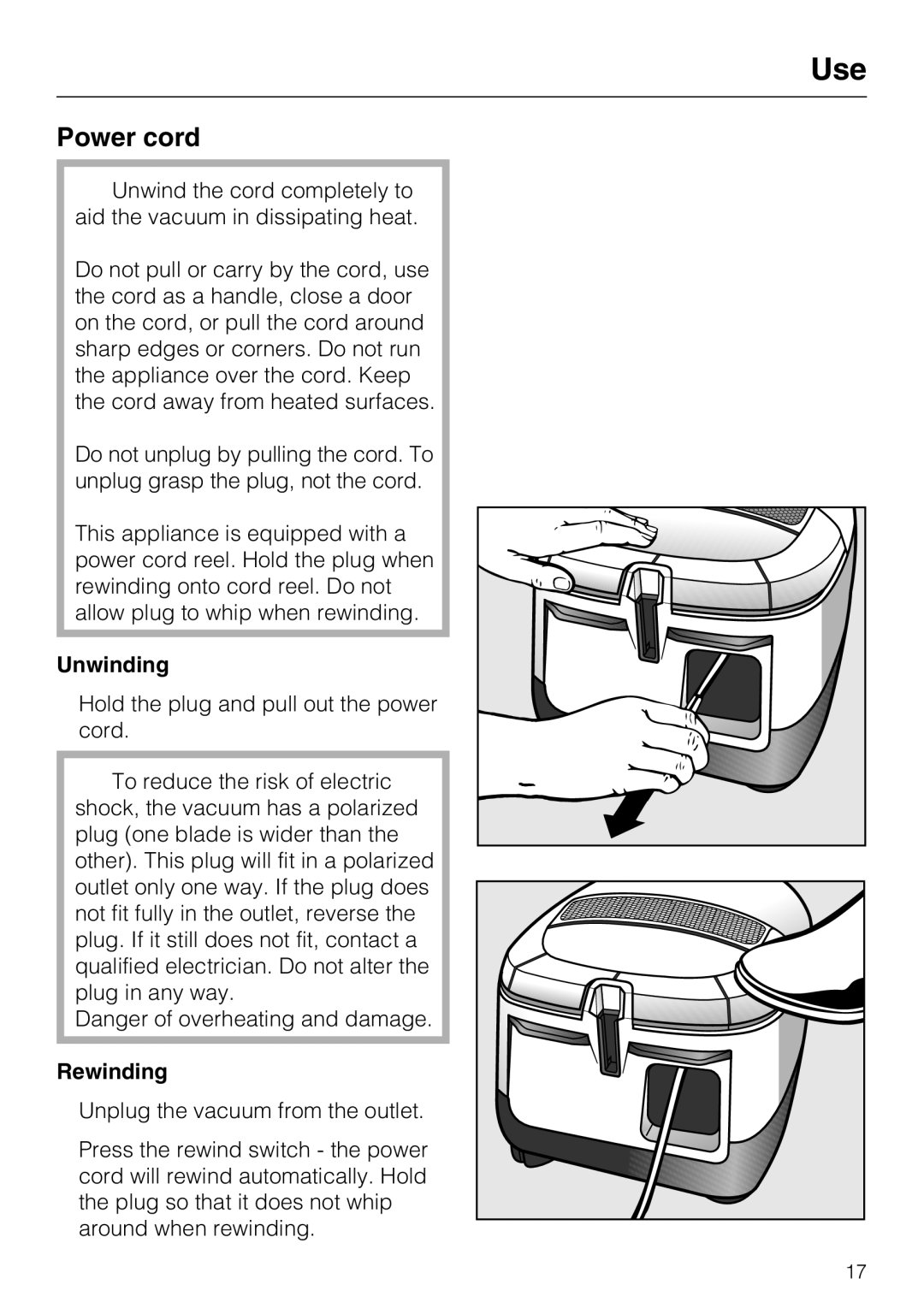 Miele S 5981 manual Use, Power cord, Unwinding, Rewinding 