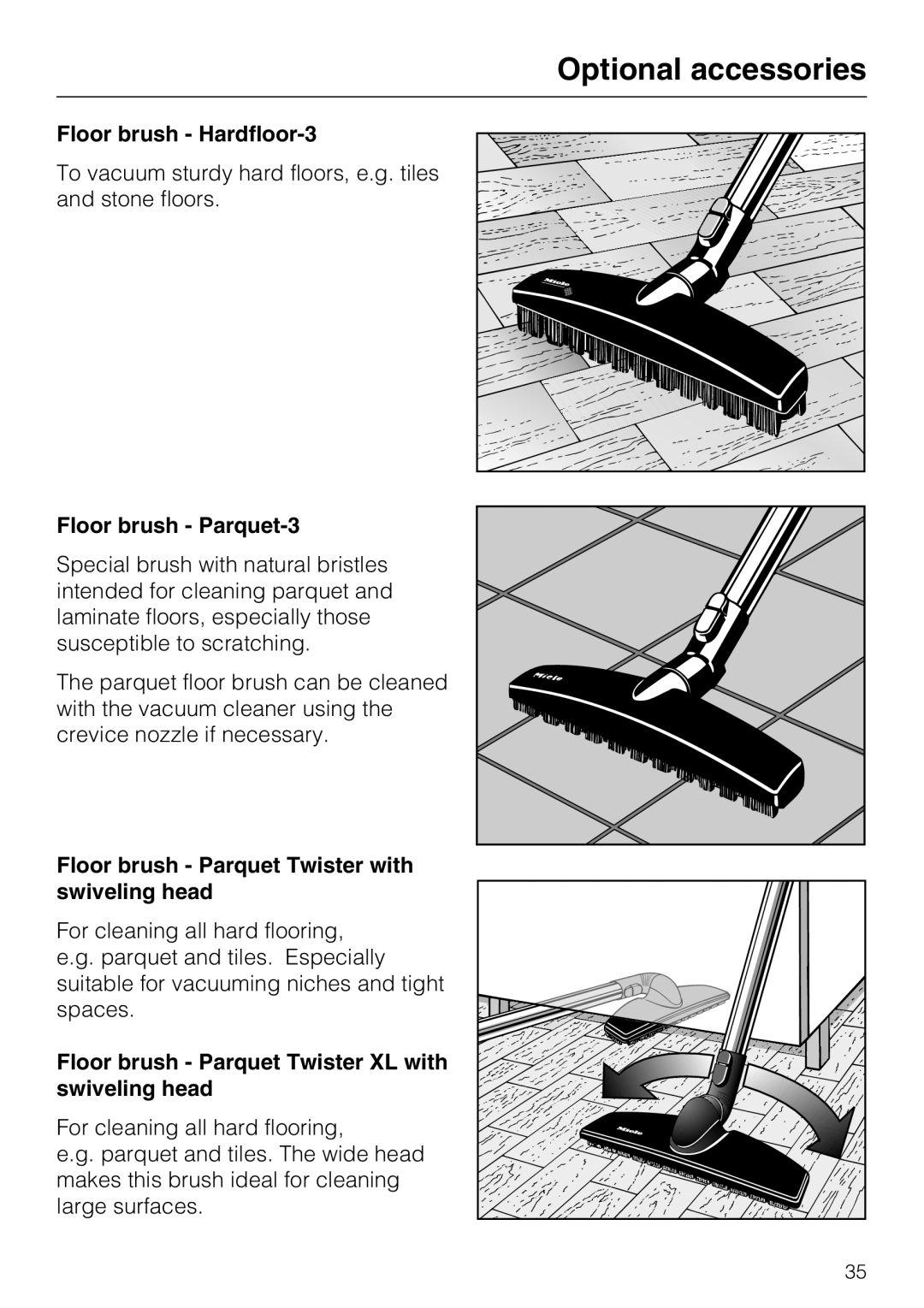 Miele S 5981 manual Floor brush Hardfloor-3, Floor brush Parquet-3, Floor brush Parquet Twister with swiveling head 