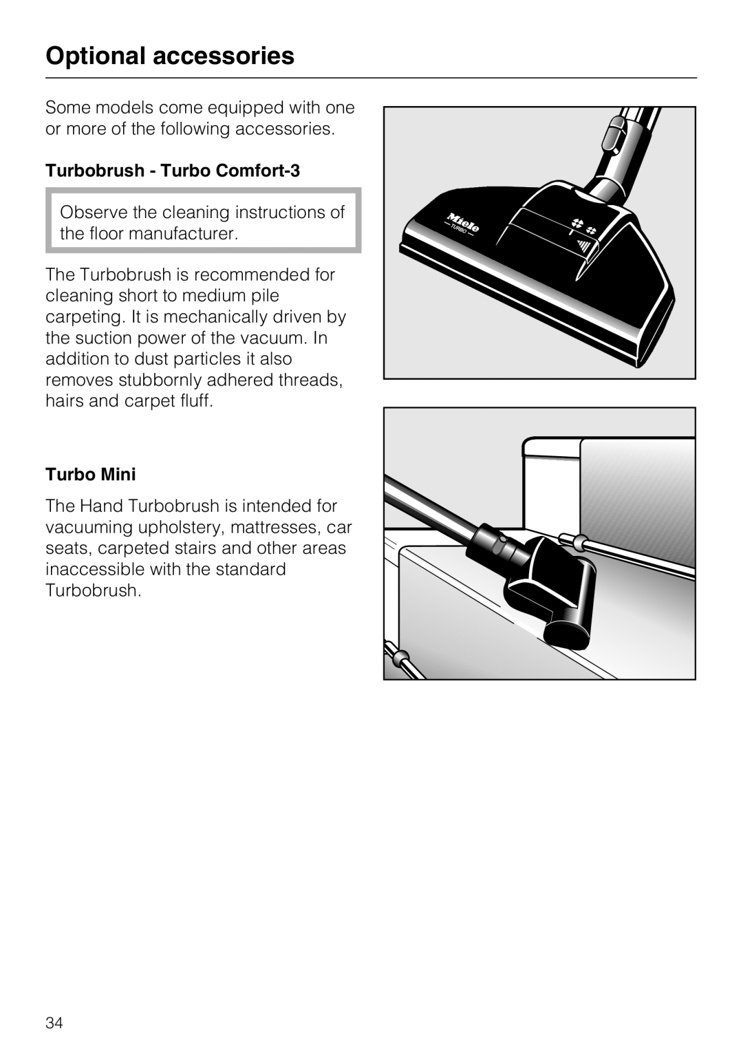 Miele S 5981 manual Optional accessories, Turbobrush - Turbo Comfort-3, Turbo Mini 