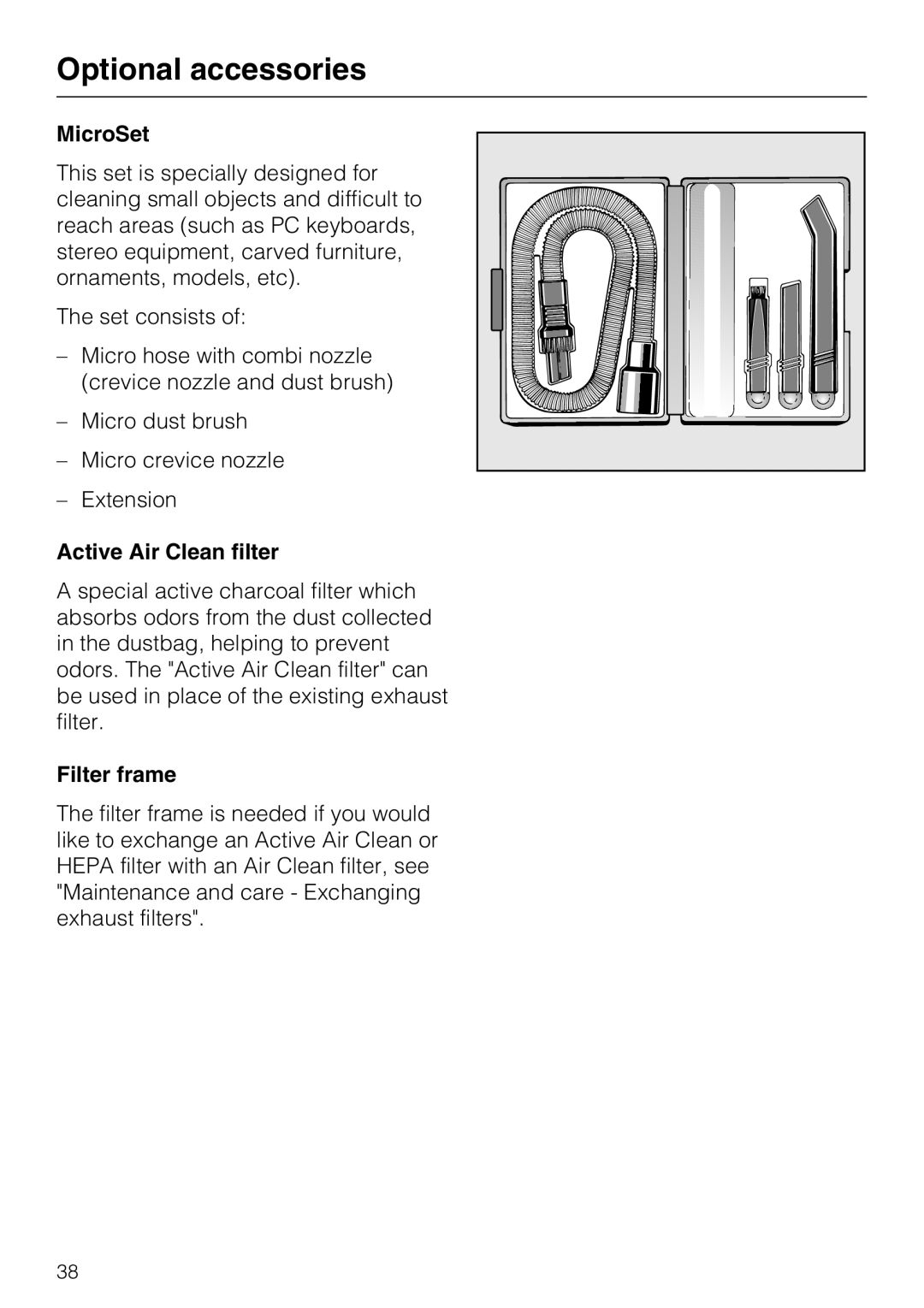 Miele S 5981 manual Optional accessories, MicroSet, Active Air Clean filter, Filter frame 