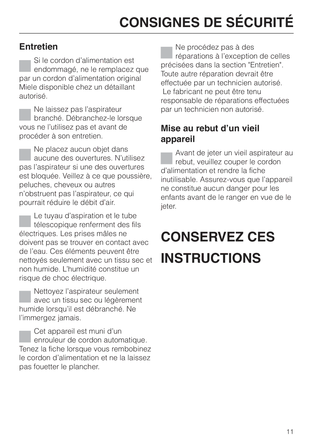 Miele S 500, S 600, S 648, S 548 operating instructions Entretien, Mise au rebut d’un vieil appareil 