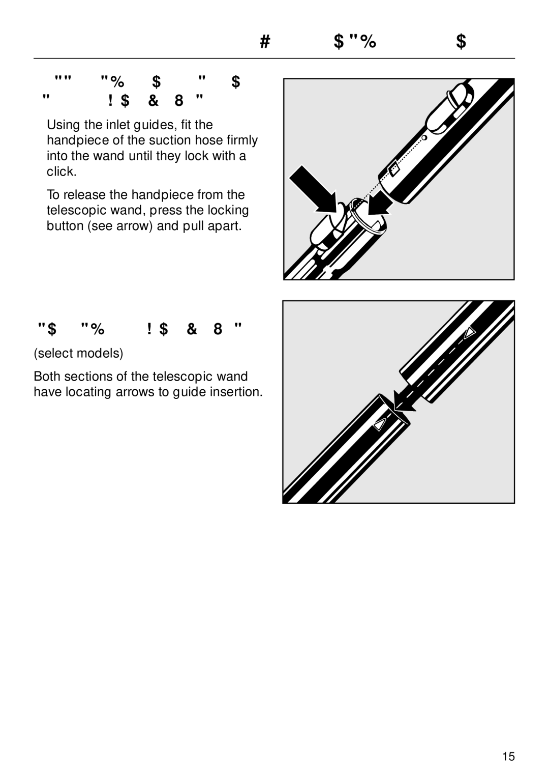 Miele S 500, S 600, S 648, S 548 Connecting the suction hose and the telescopic wand, Inserting the telescopic wand 