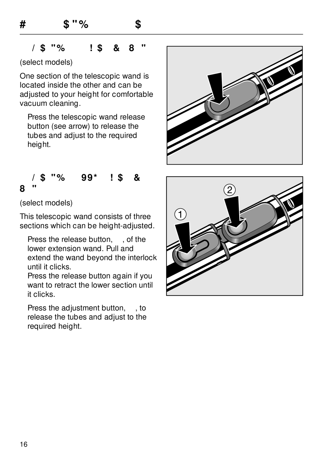 Miele S 600, S 648, S 548, S 500 operating instructions Adjusting the telescopic wand, Adjusting the XXL telescopic wand 