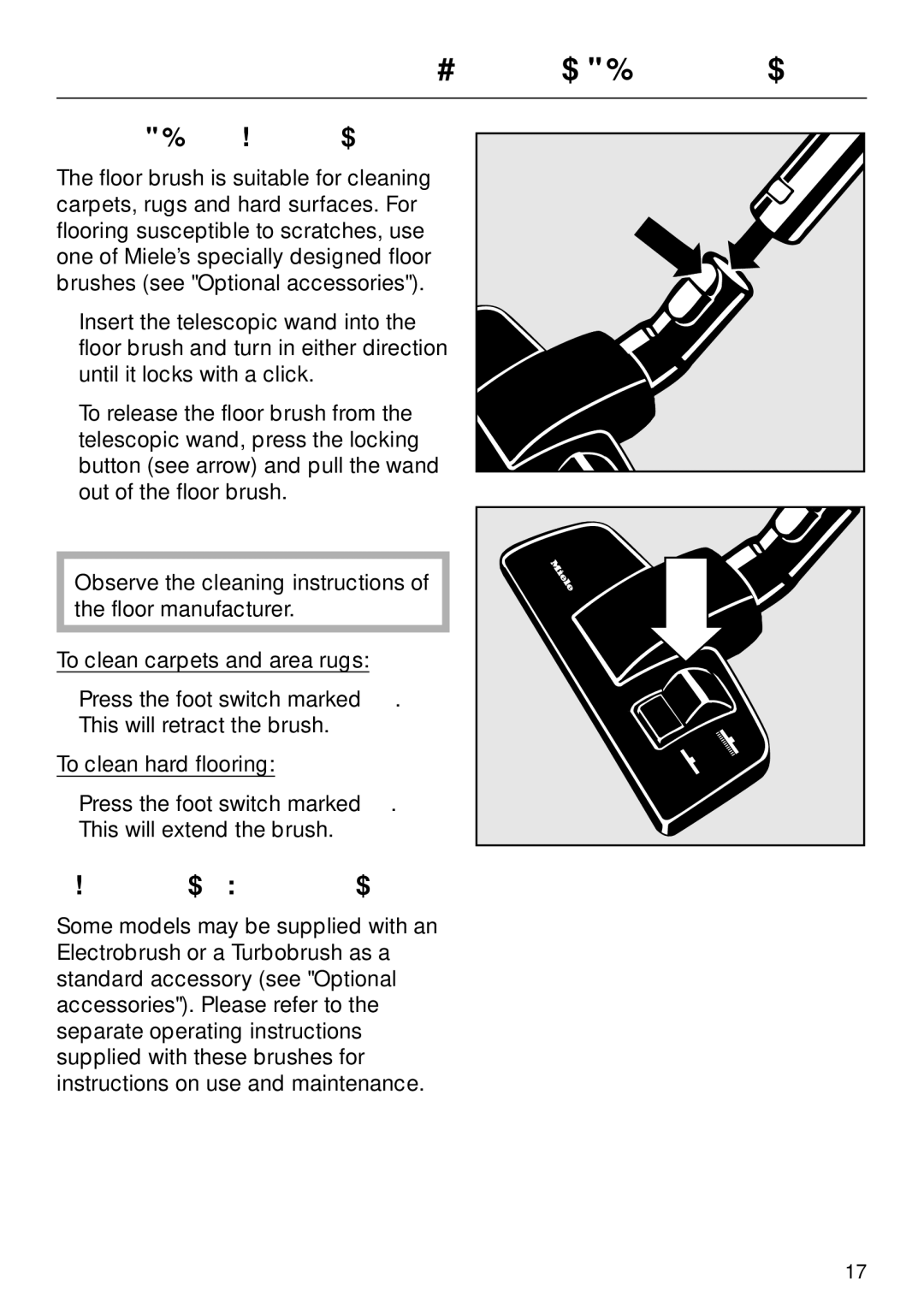 Miele S 648, S 600, S 548, S 500 operating instructions Attaching the floor brush, Electrobrush / Turbobrush 