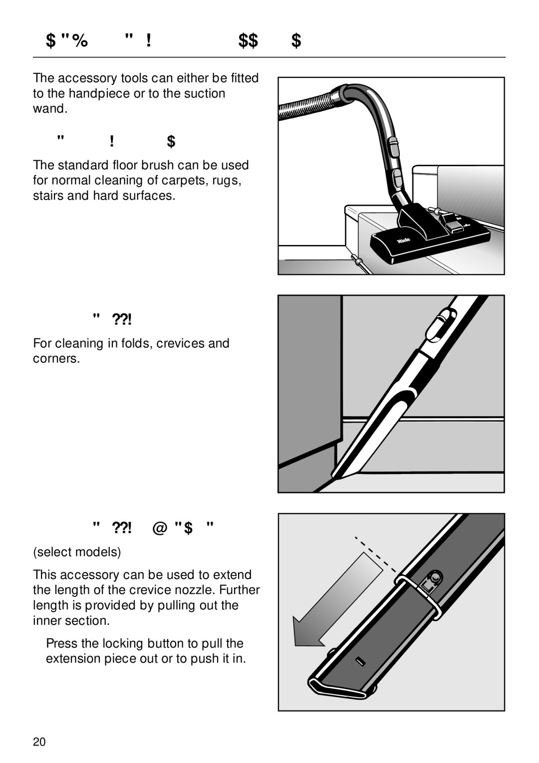 Miele S 600, S 648, S 548, S 500 Using the included accessories, Standard floor brush, Crevice nozzle extension 