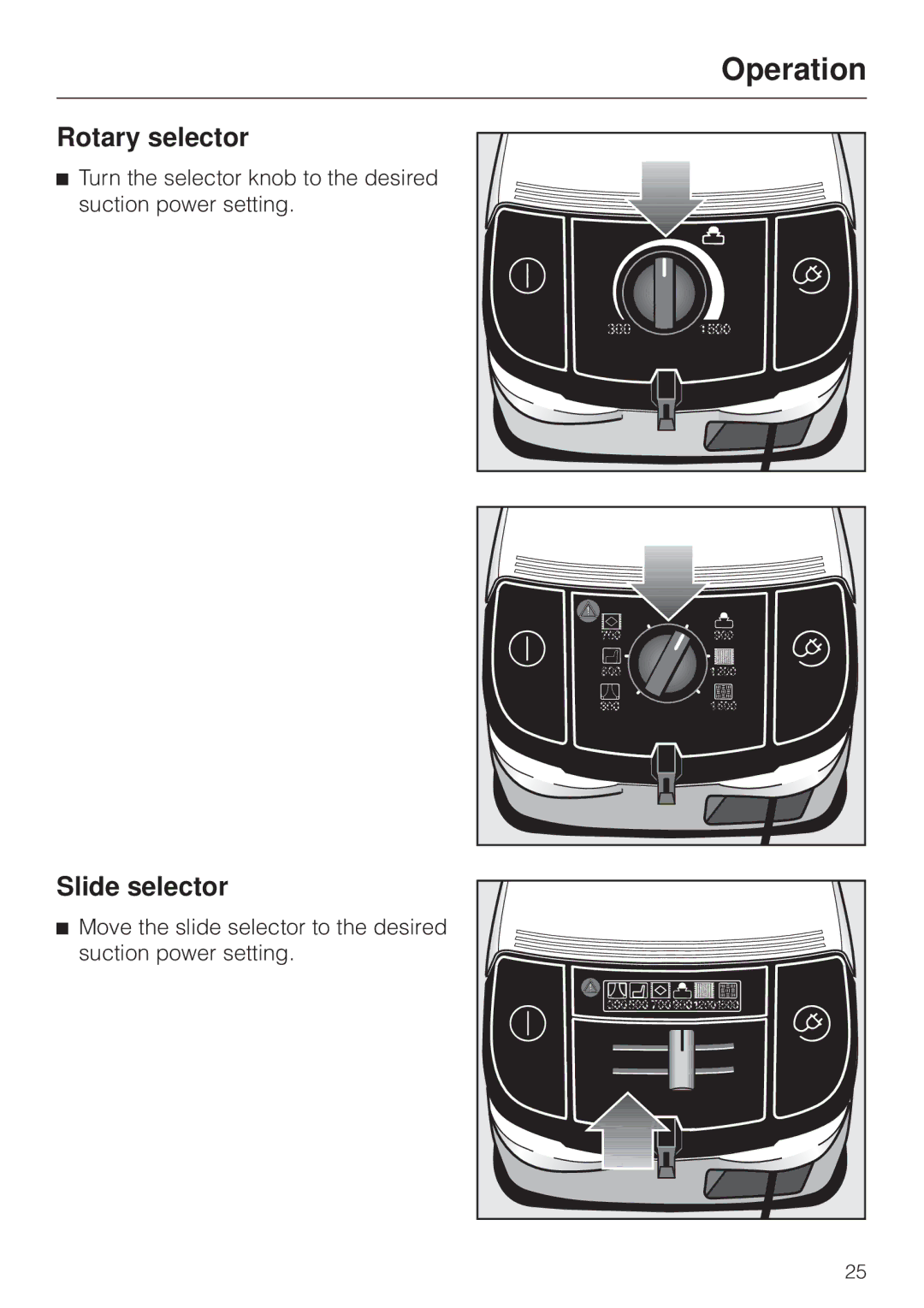 Miele S 648, S 600, S 548, S 500 operating instructions Rotary selector, Slide selector 