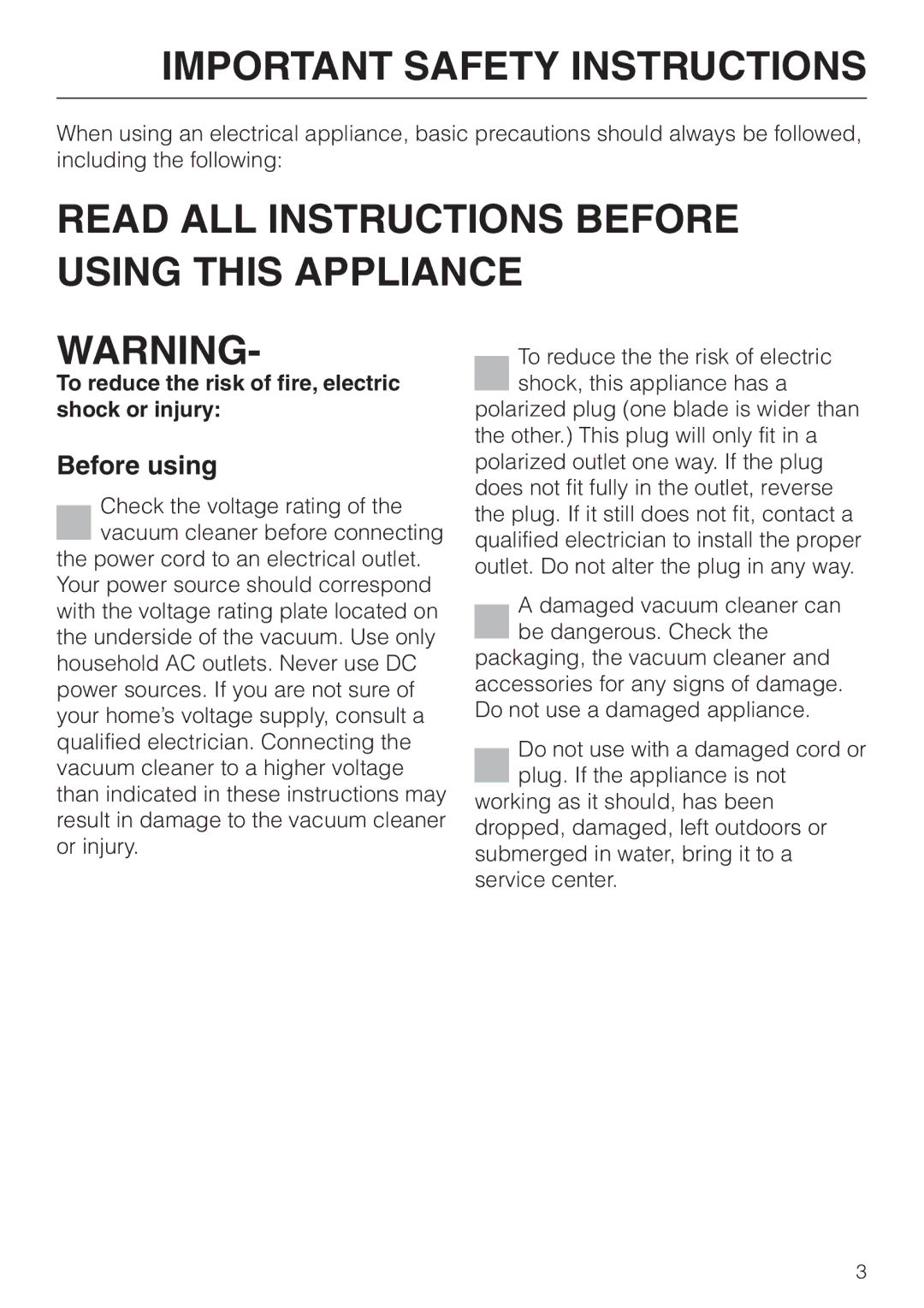 Miele S 500, S 600, S 648, S 548 operating instructions Before using, To reduce the risk of fire, electric shock or injury 