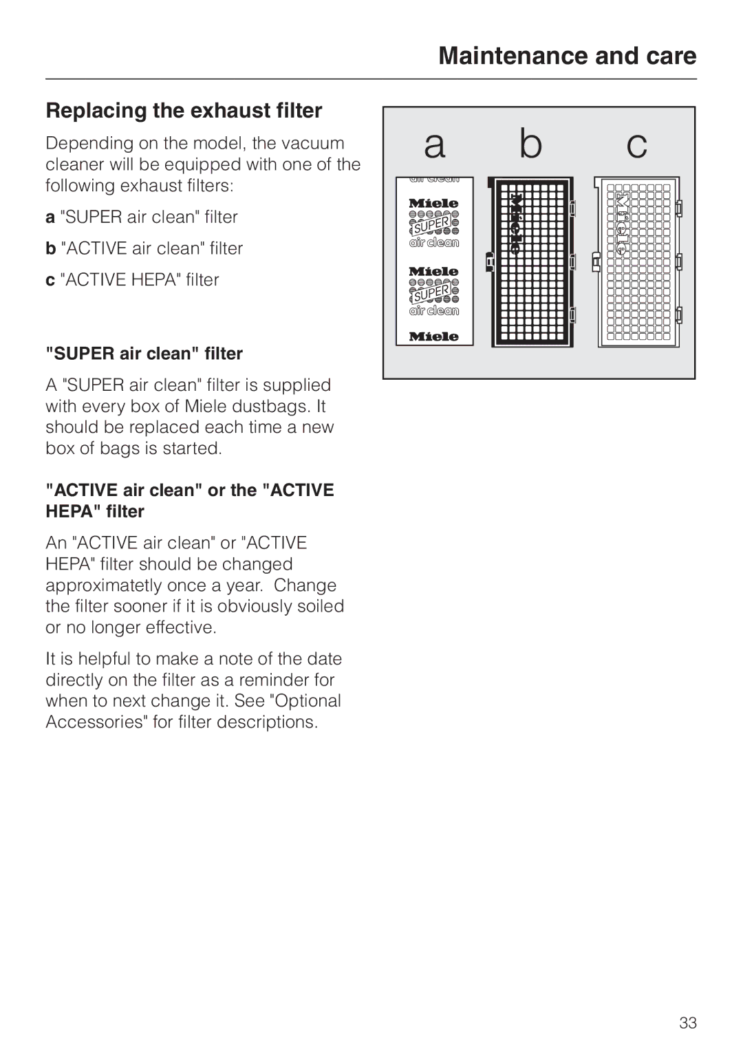 Miele S 648, S 600, S 548 Replacing the exhaust filter, Super air clean filter, Active air clean or the Active Hepa filter 