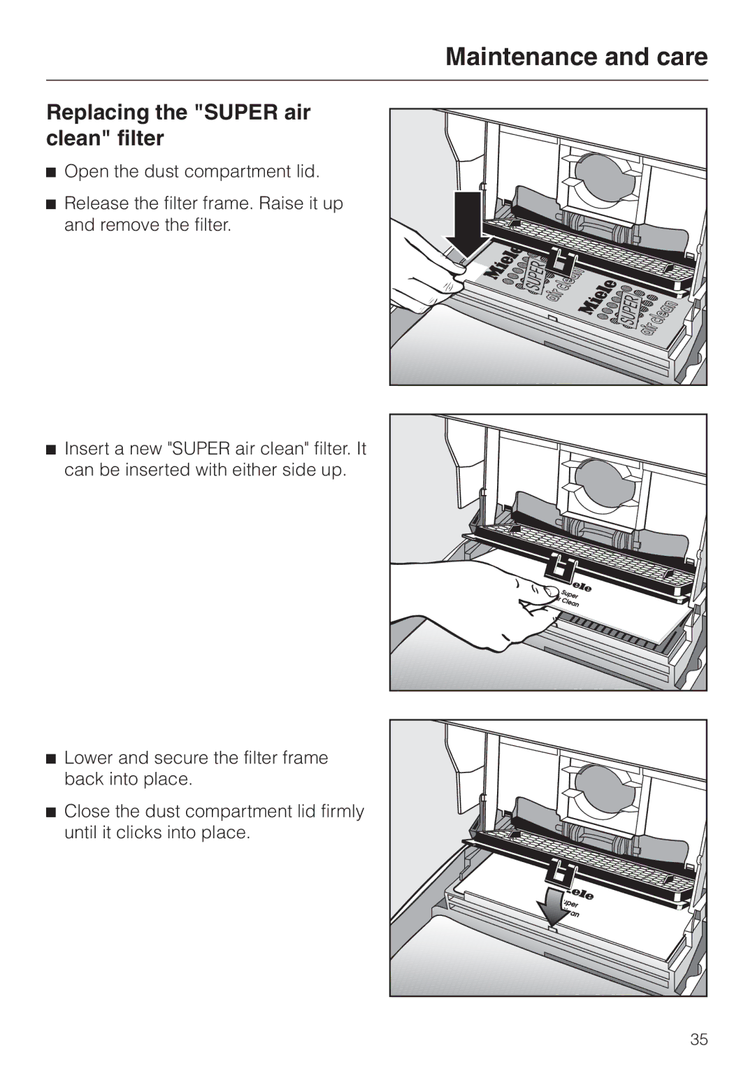 Miele S 500, S 600, S 648, S 548 operating instructions Replacing the Super air clean filter 