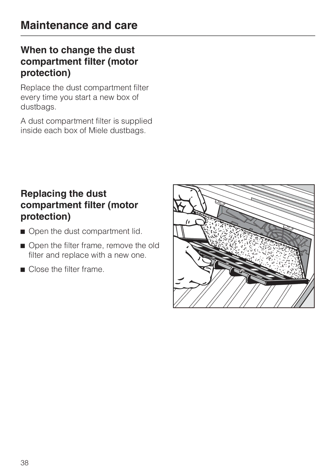 Miele S 548, S 600, S 648, S 500 operating instructions When to change the dust compartment filter motor protection 