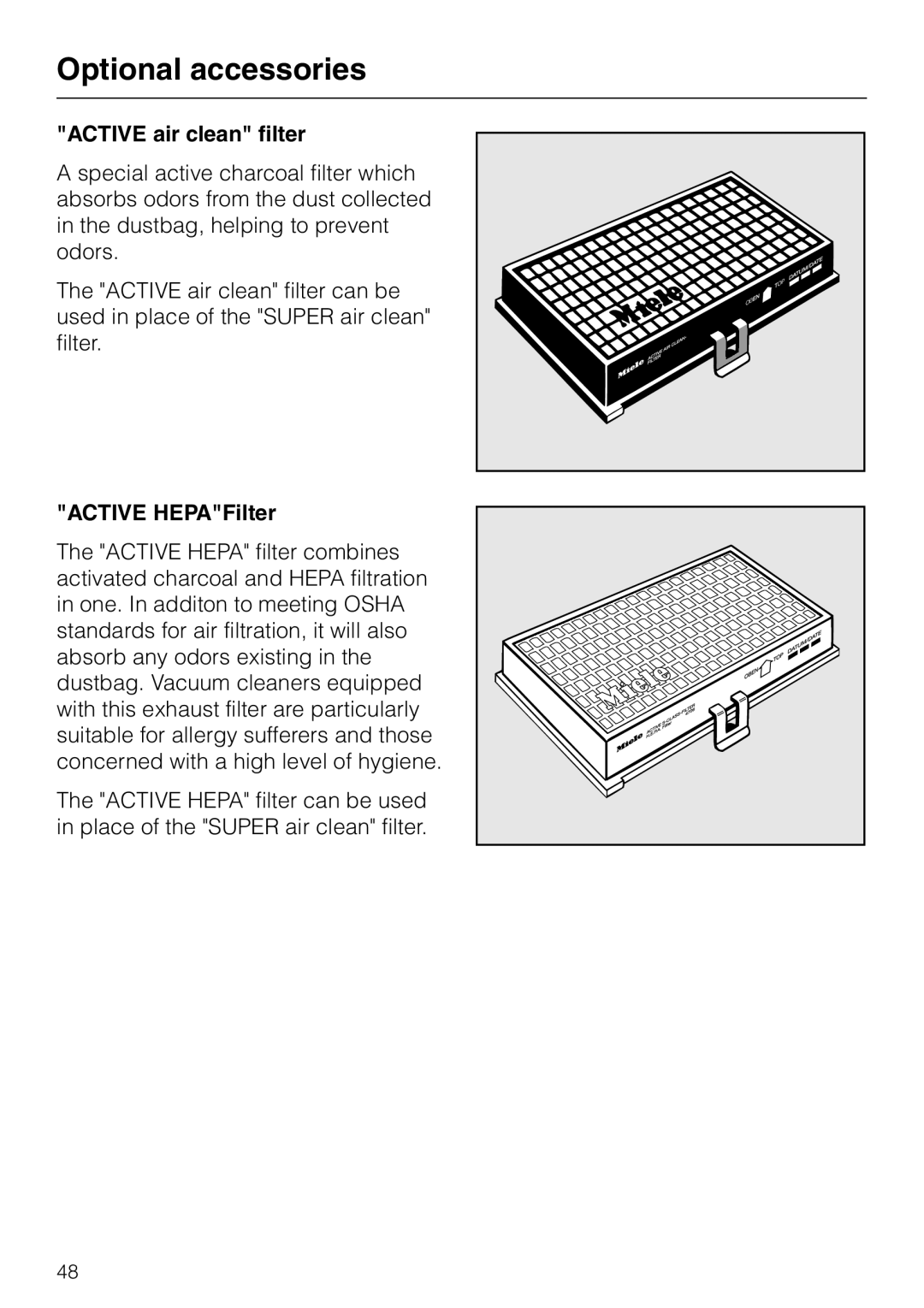 Miele S 600, S 648, S 548, S 500 operating instructions Active air clean filter, Active HEPAFilter 