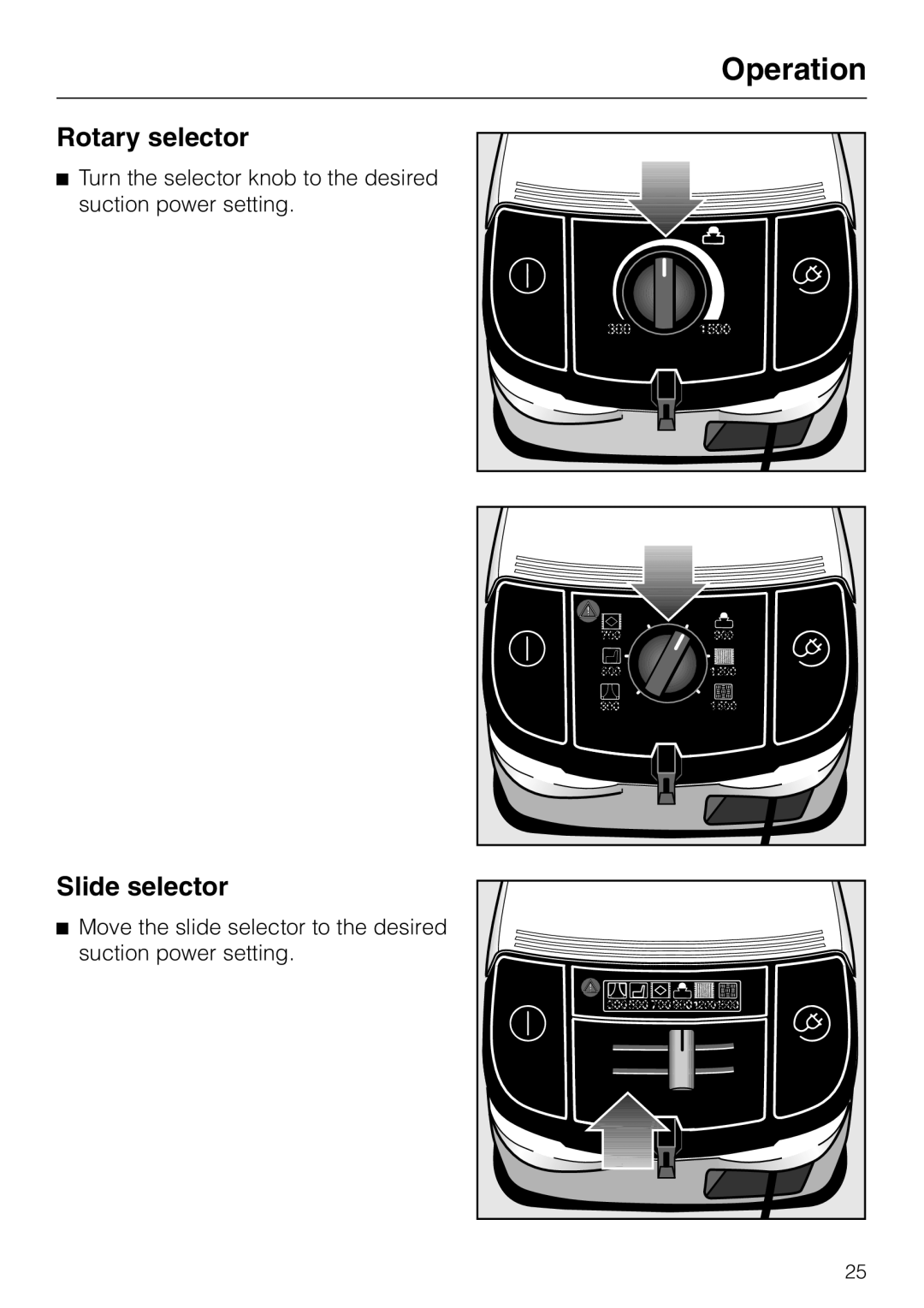 Miele S 648, S 600, S 548, S 500 operating instructions Operation, Rotary selector, Slide selector 