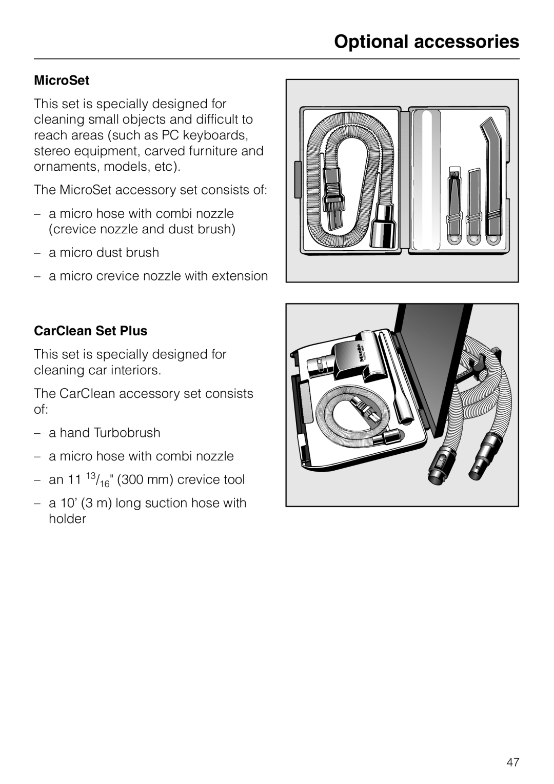 Miele S 500, S 600, S 648, S 548 operating instructions Optional accessories, MicroSet, CarClean Set Plus 
