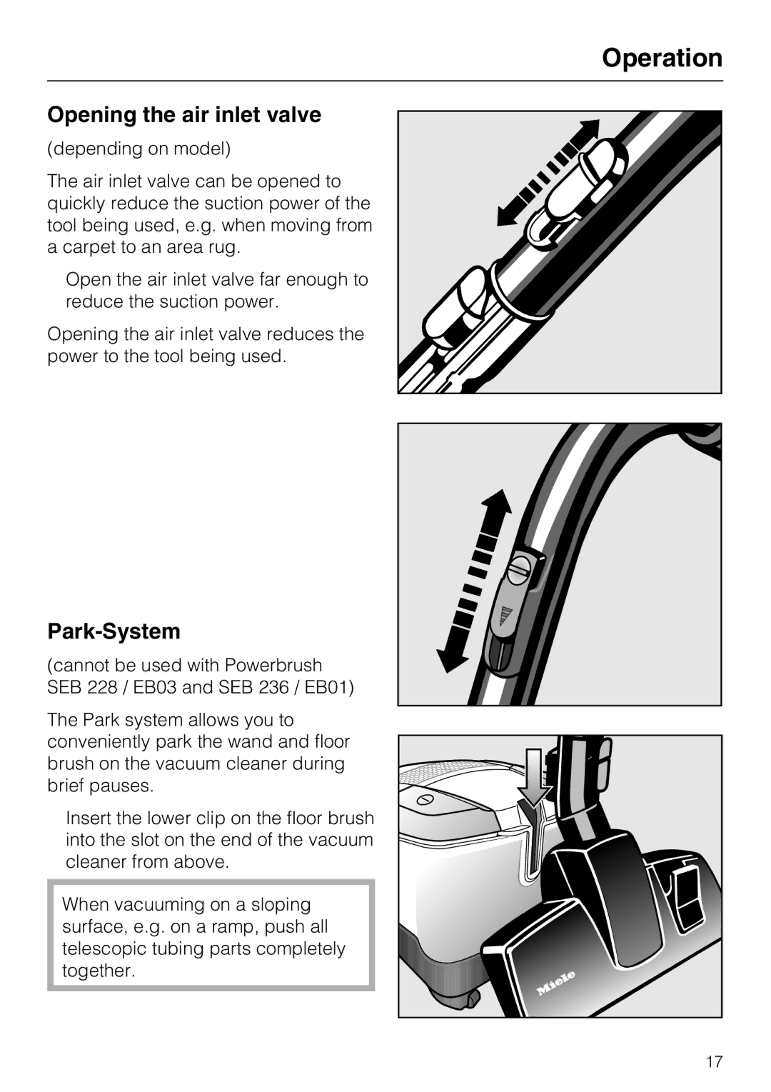 Miele S 6000 operating instructions Opening the air inlet valve, Park-System 