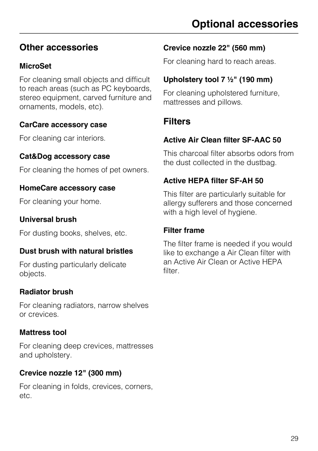 Miele S 6000 operating instructions Other accessories, Filters 