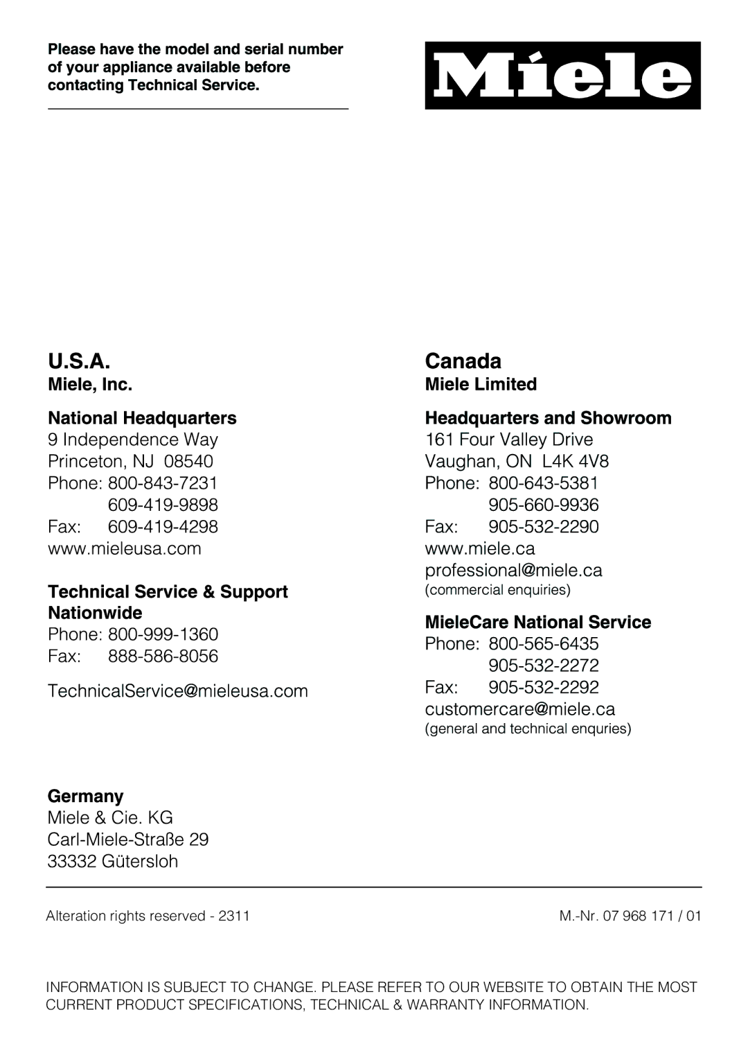 Miele S 6000 operating instructions Alteration rights reserved Nr 968 171 