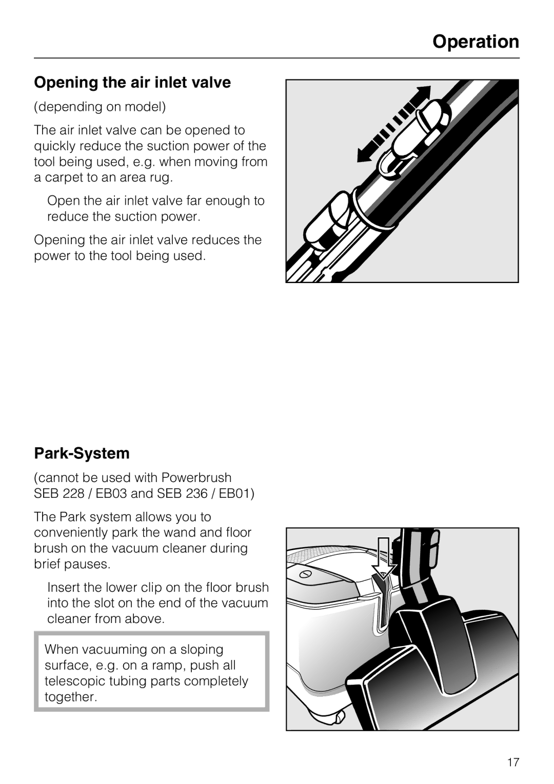 Miele S 6000 operating instructions Opening the air inlet valve, Park-System 