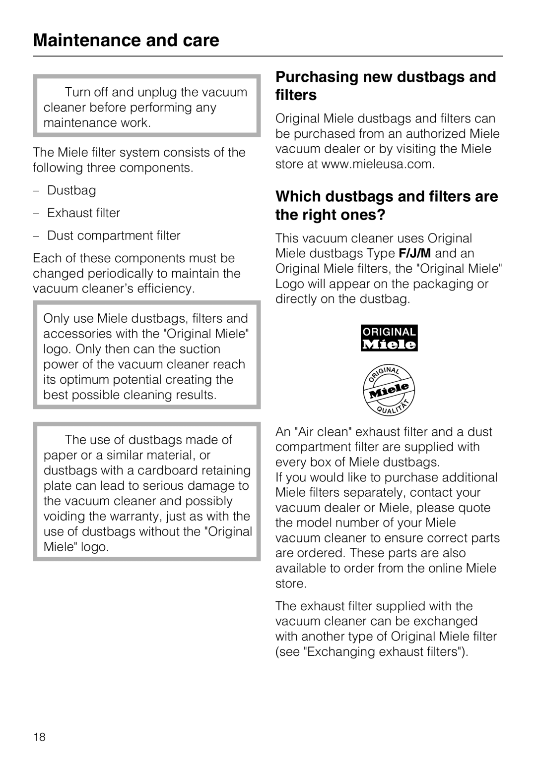 Miele S 6000 operating instructions Maintenance and care 