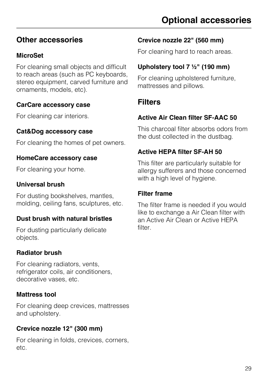 Miele S 6000 operating instructions Other accessories, Filters 