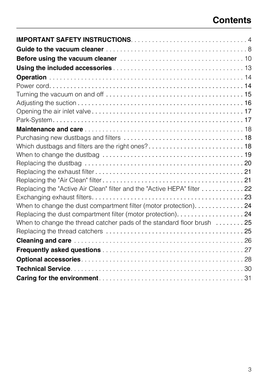 Miele S 6000 operating instructions Contents 