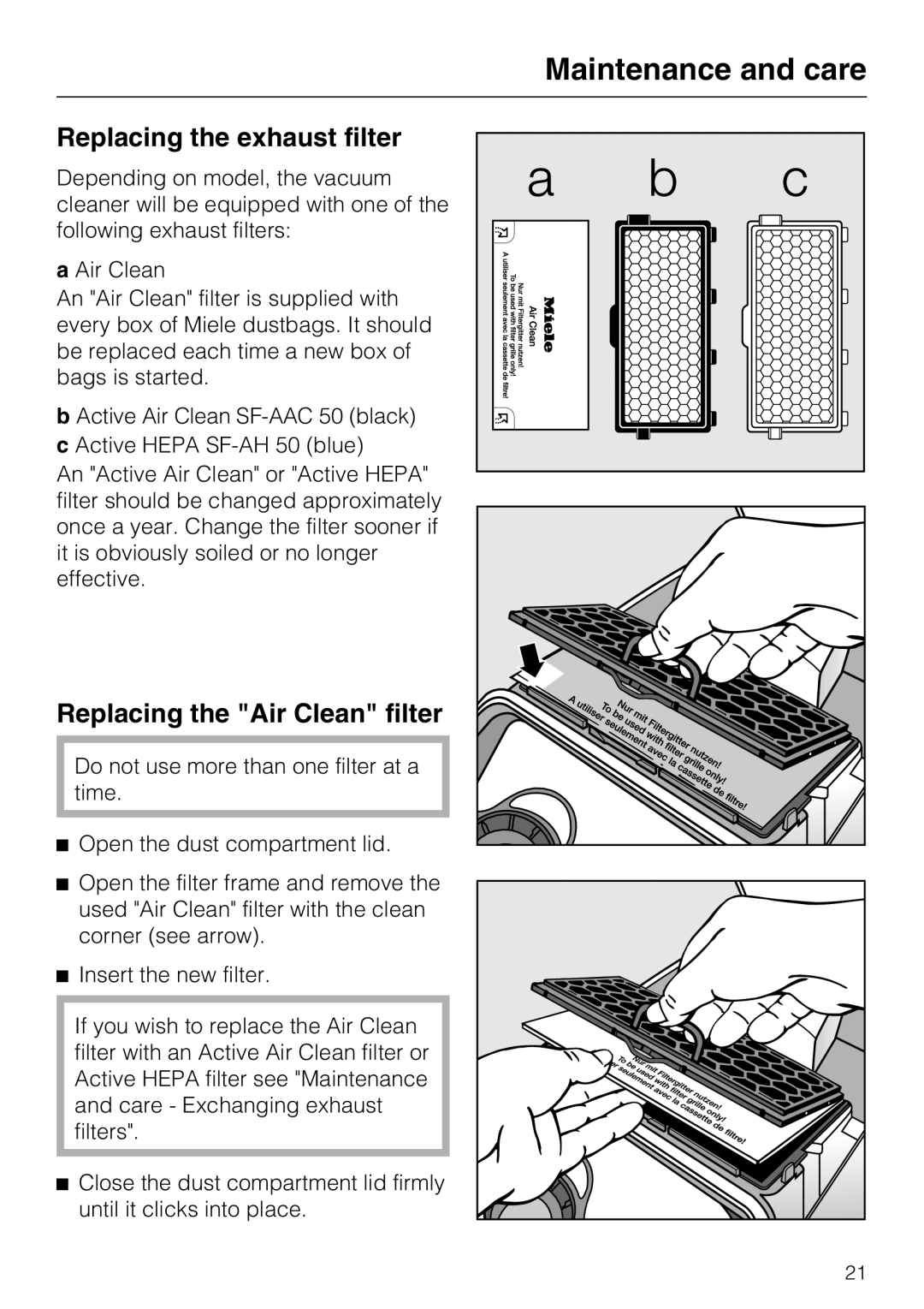 Miele S 6000 operating instructions Maintenance and care, Replacing the exhaust filter, Replacing the Air Clean filter 