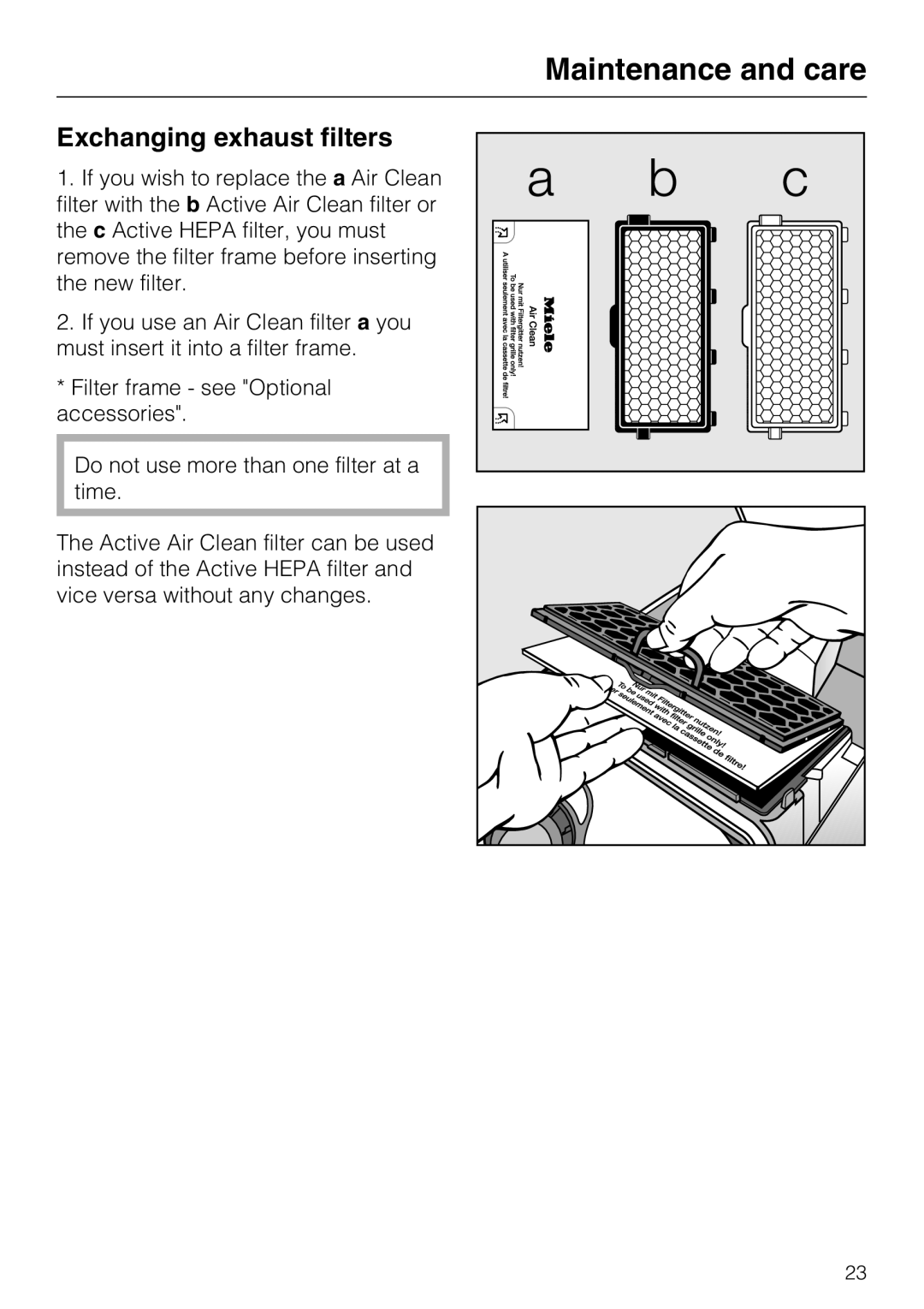 Miele S 6000 operating instructions Maintenance and care, Exchanging exhaust filters 