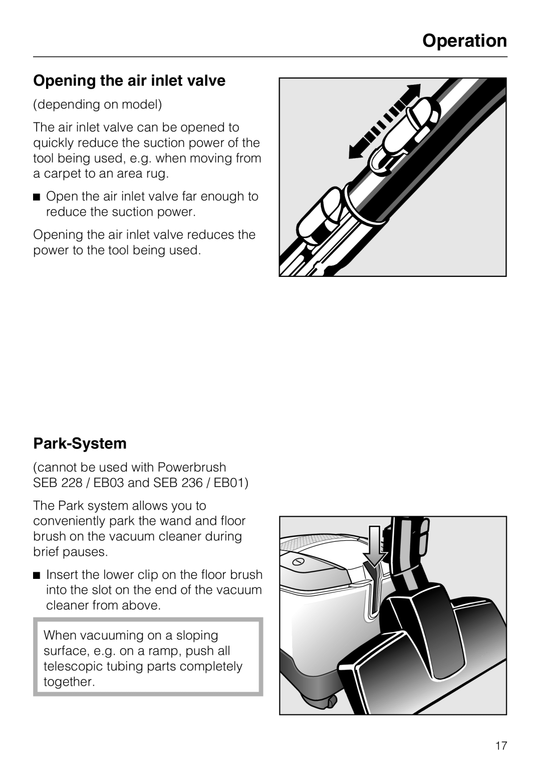 Miele S 6000 operating instructions Operation, Opening the air inlet valve, Park-System 