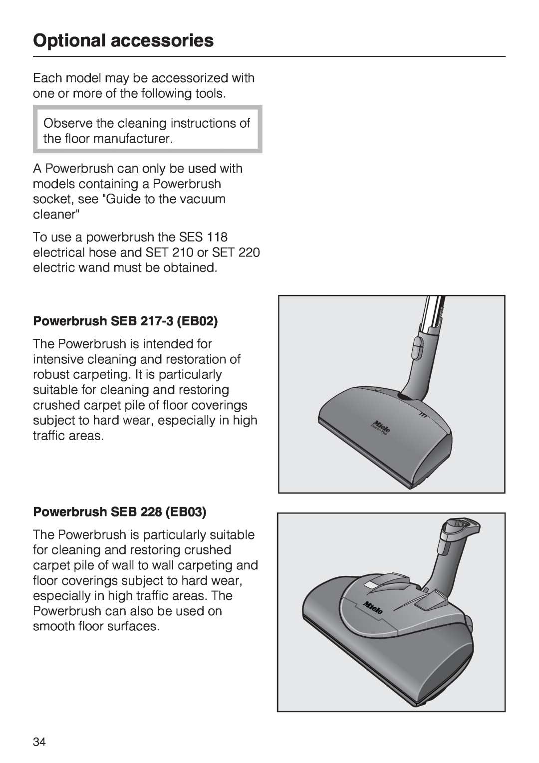 Miele S 700, S 768 manual Optional accessories, Powerbrush SEB 217-3EB02, Powerbrush SEB 228 EB03 