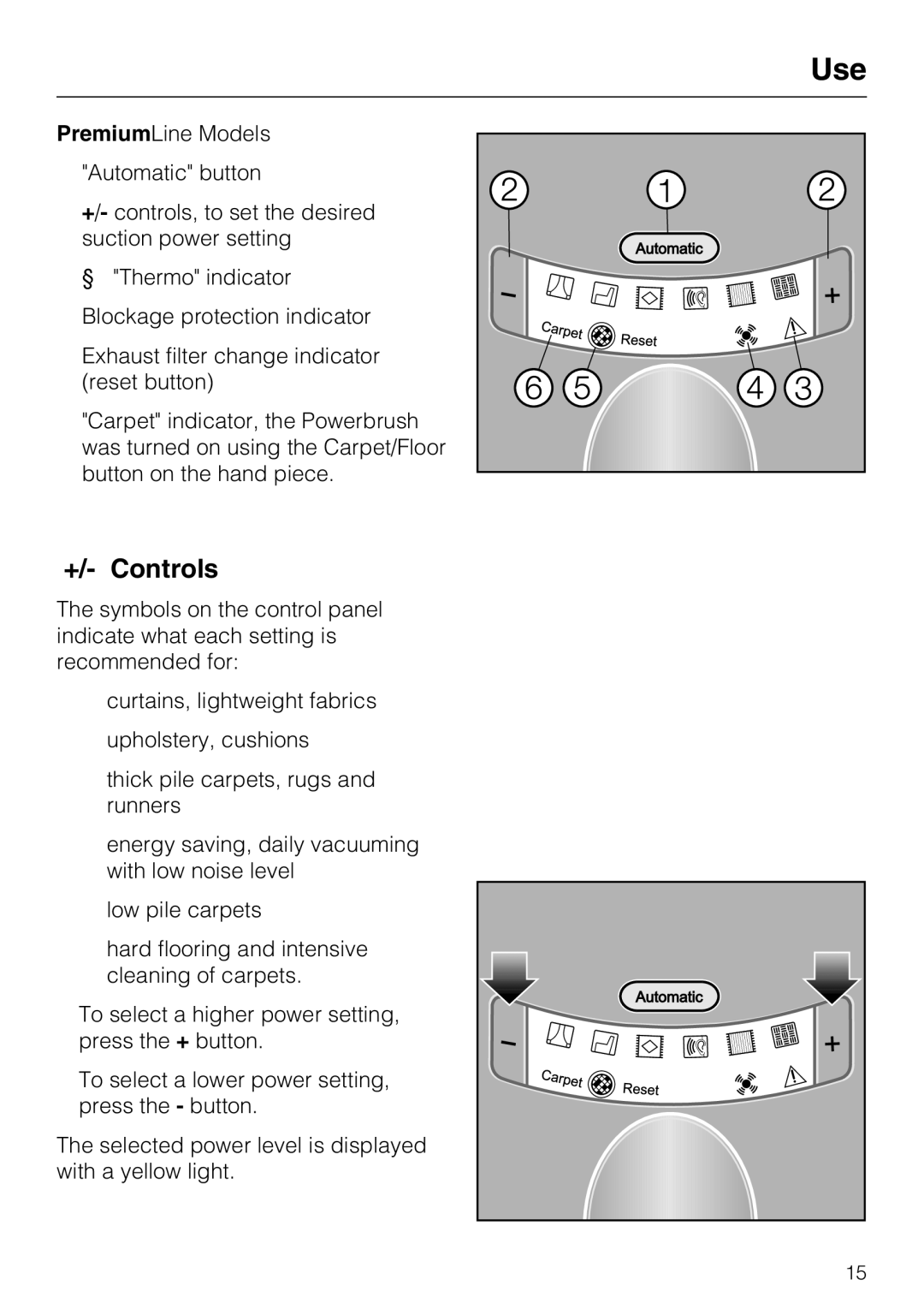 Miele S 7000 operating instructions +/- Controls 