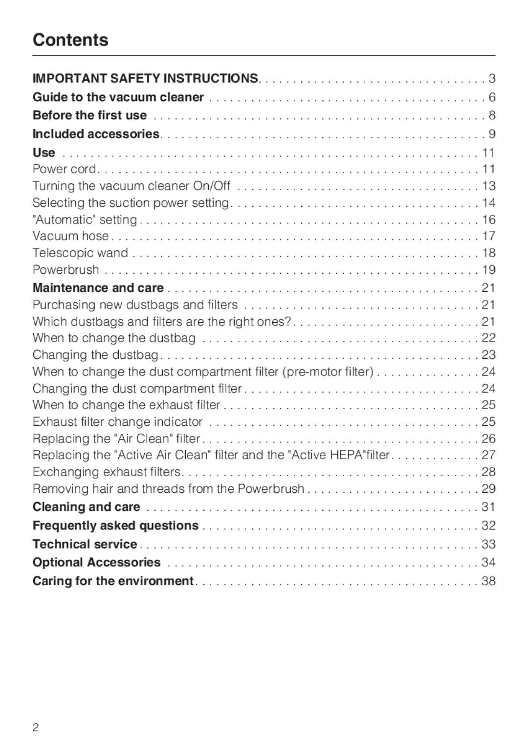 Miele S 7000 operating instructions Contents 