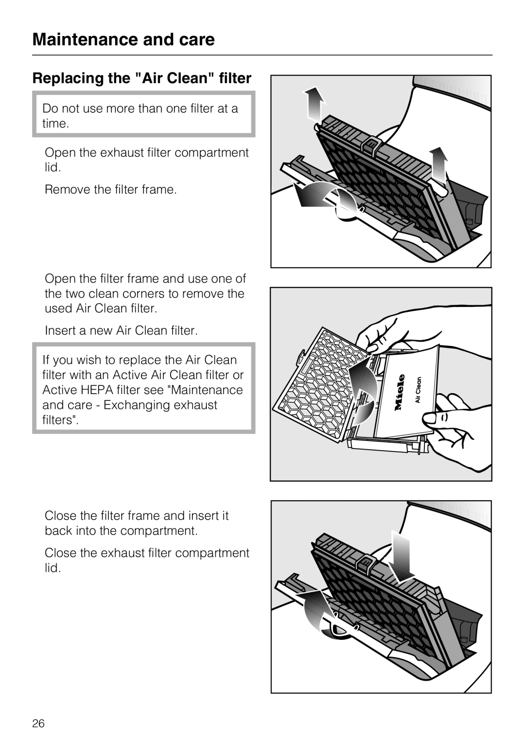 Miele S 7000 operating instructions Replacing the Air Clean filter 