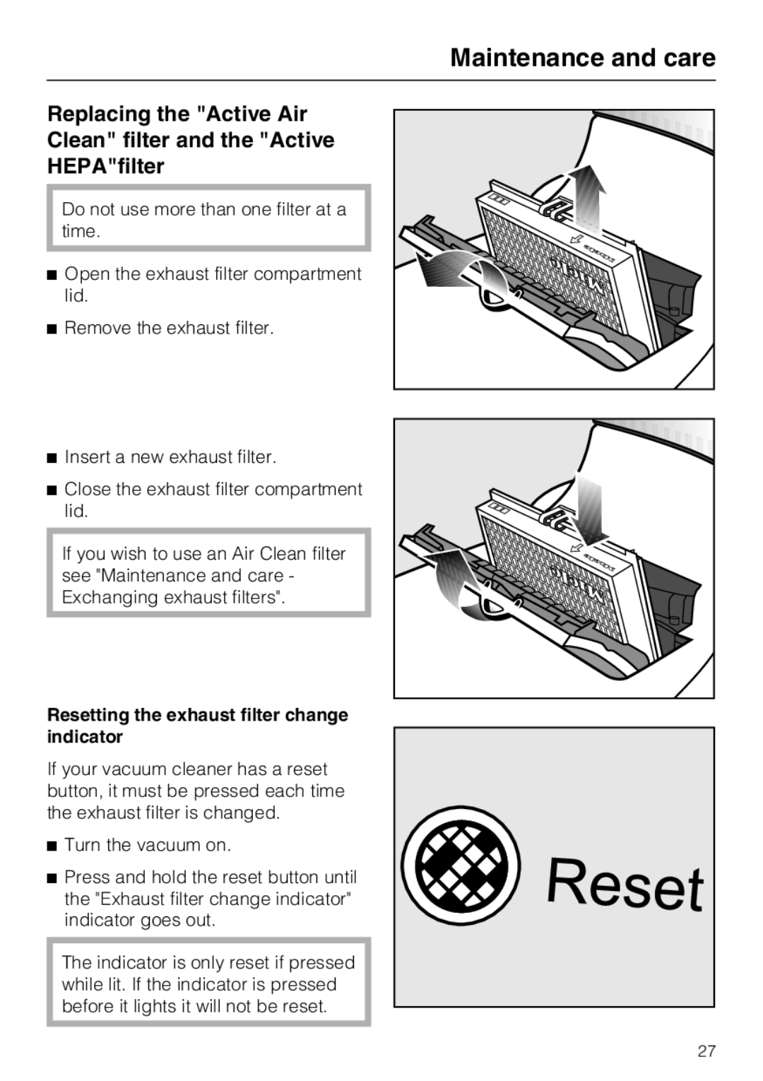 Miele S 7000 operating instructions Resetting the exhaust filter change indicator 