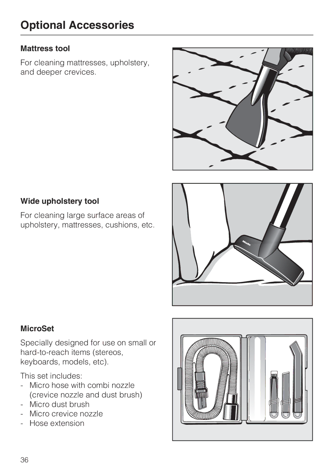 Miele S 7000 operating instructions Mattress tool, Wide upholstery tool, MicroSet 