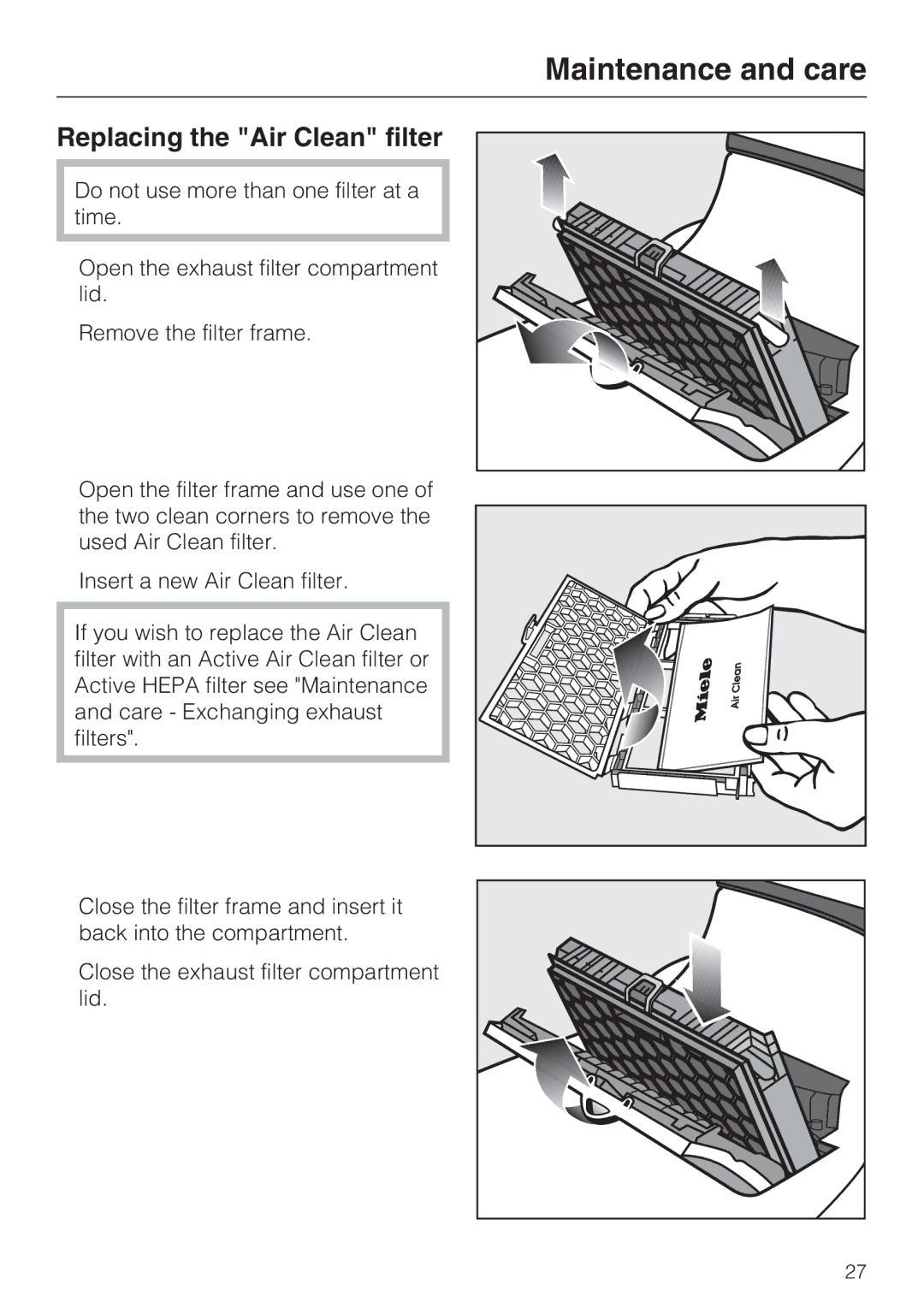 Miele S 7000 operating instructions Replacing the Air Clean filter 