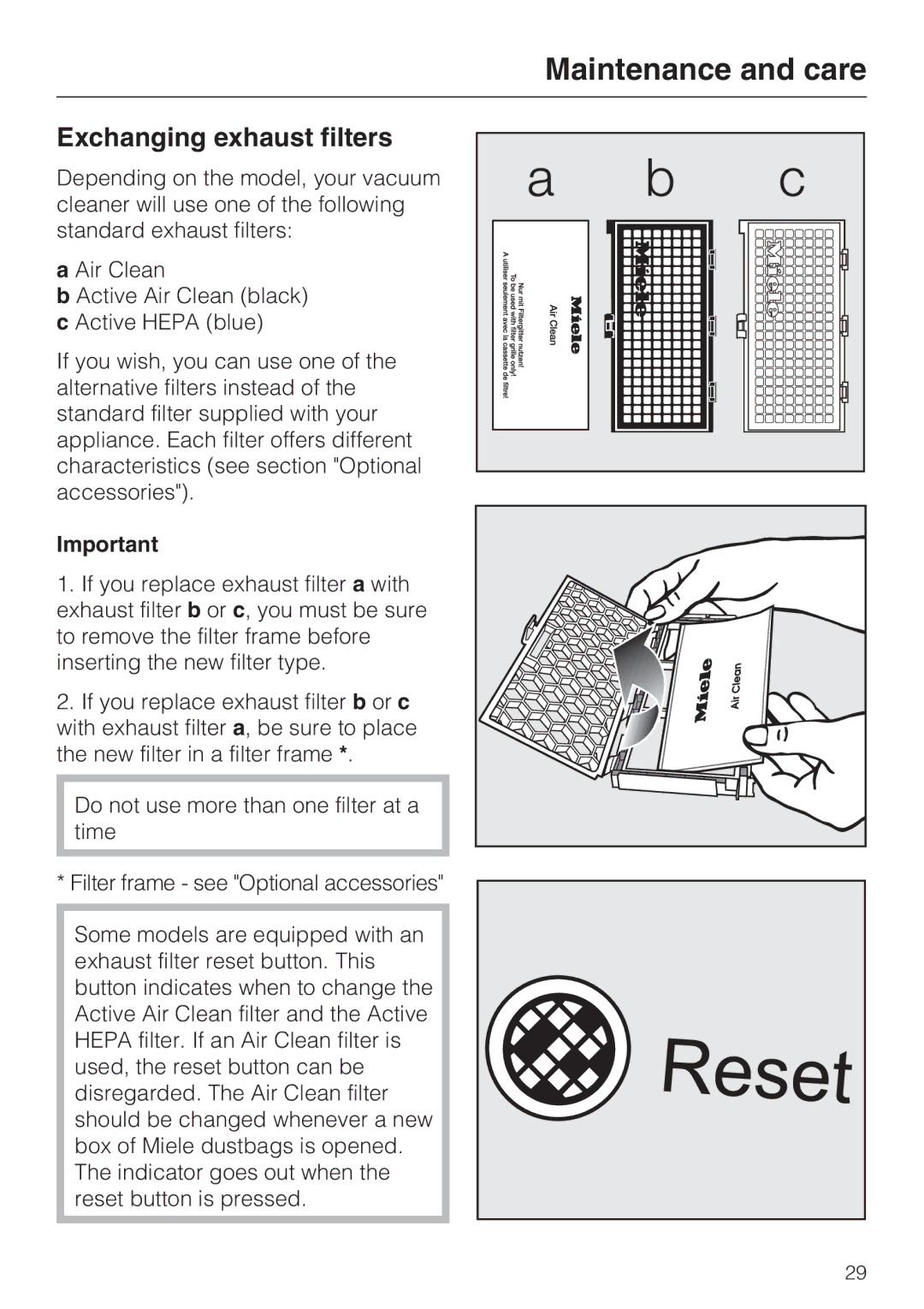 Miele S 7000 operating instructions Exchanging exhaust filters 