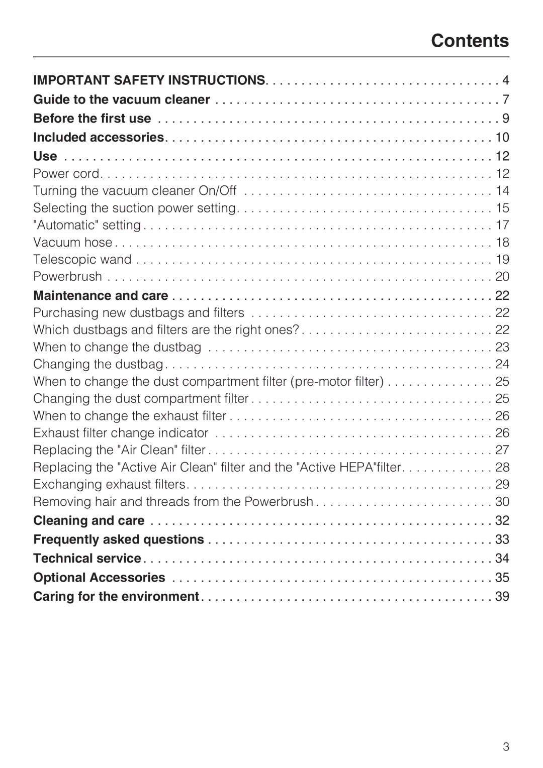 Miele S 7000 operating instructions Contents 