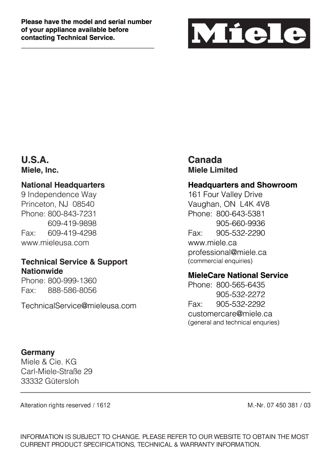 Miele S 7000 operating instructions Alteration rights reserved Nr 450 381 