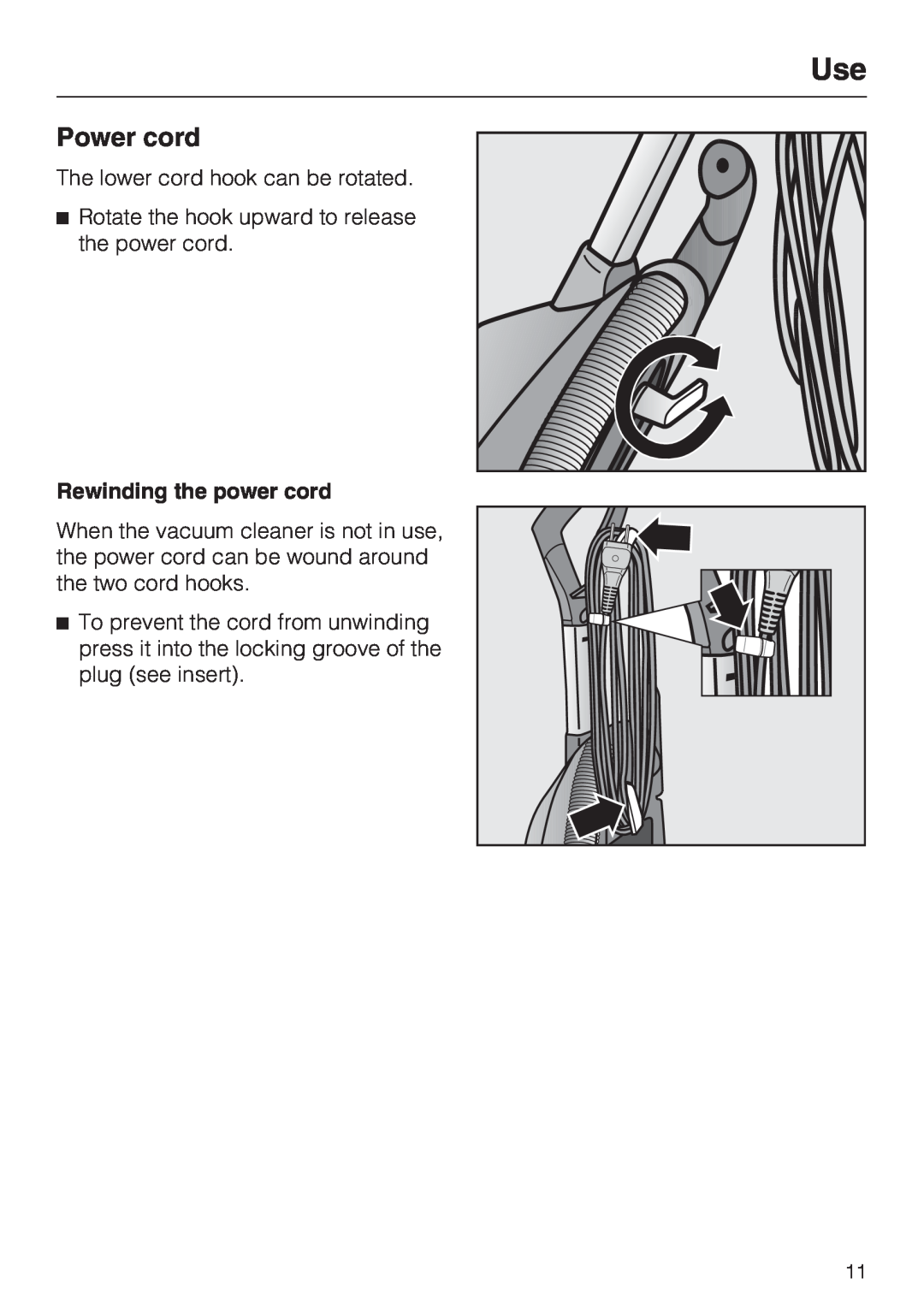 Miele S 7000 operating instructions Power cord, Rewinding the power cord 
