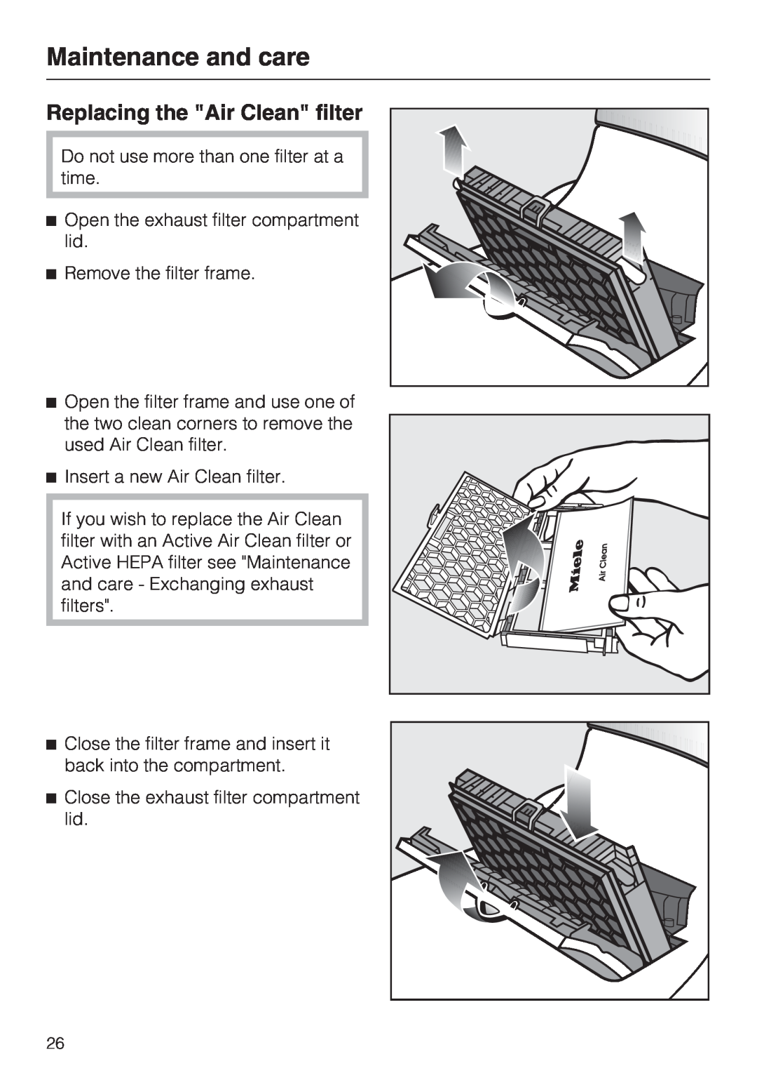 Miele S 7000 operating instructions Replacing the Air Clean filter, Maintenance and care 