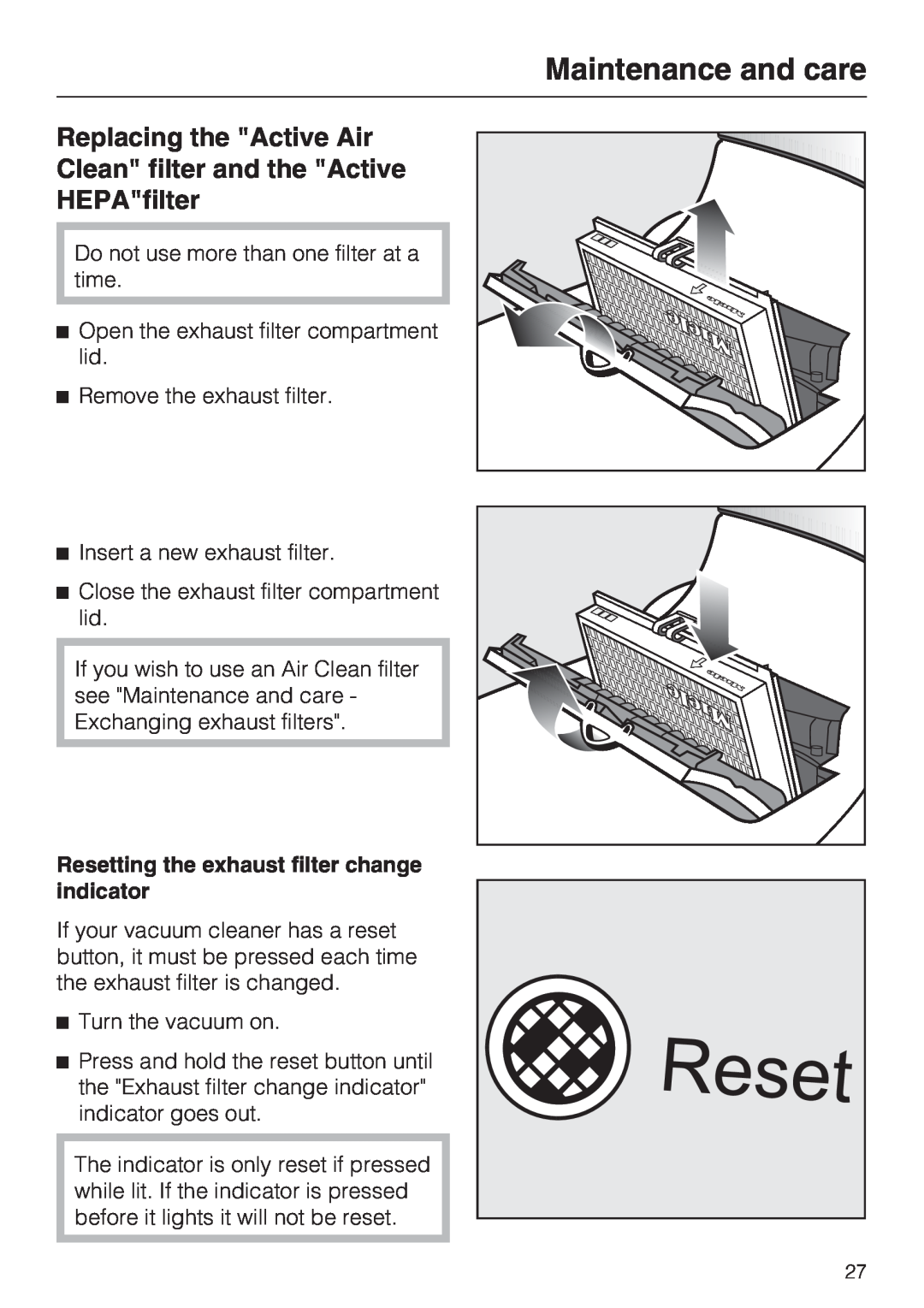 Miele S 7000 operating instructions Replacing the Active Air, Clean filter and the Active HEPAfilter, Maintenance and care 