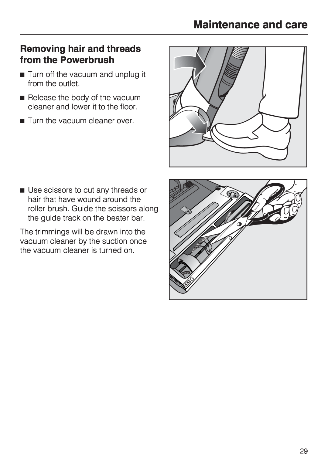 Miele S 7000 operating instructions Removing hair and threads from the Powerbrush, Maintenance and care 