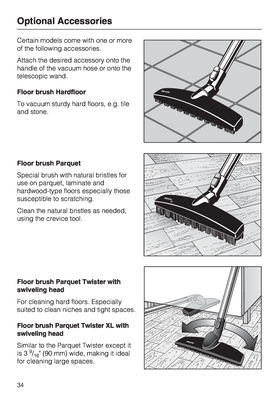 Miele S 7000 operating instructions Optional Accessories, Floor brush Hardfloor, Floor brush Parquet 