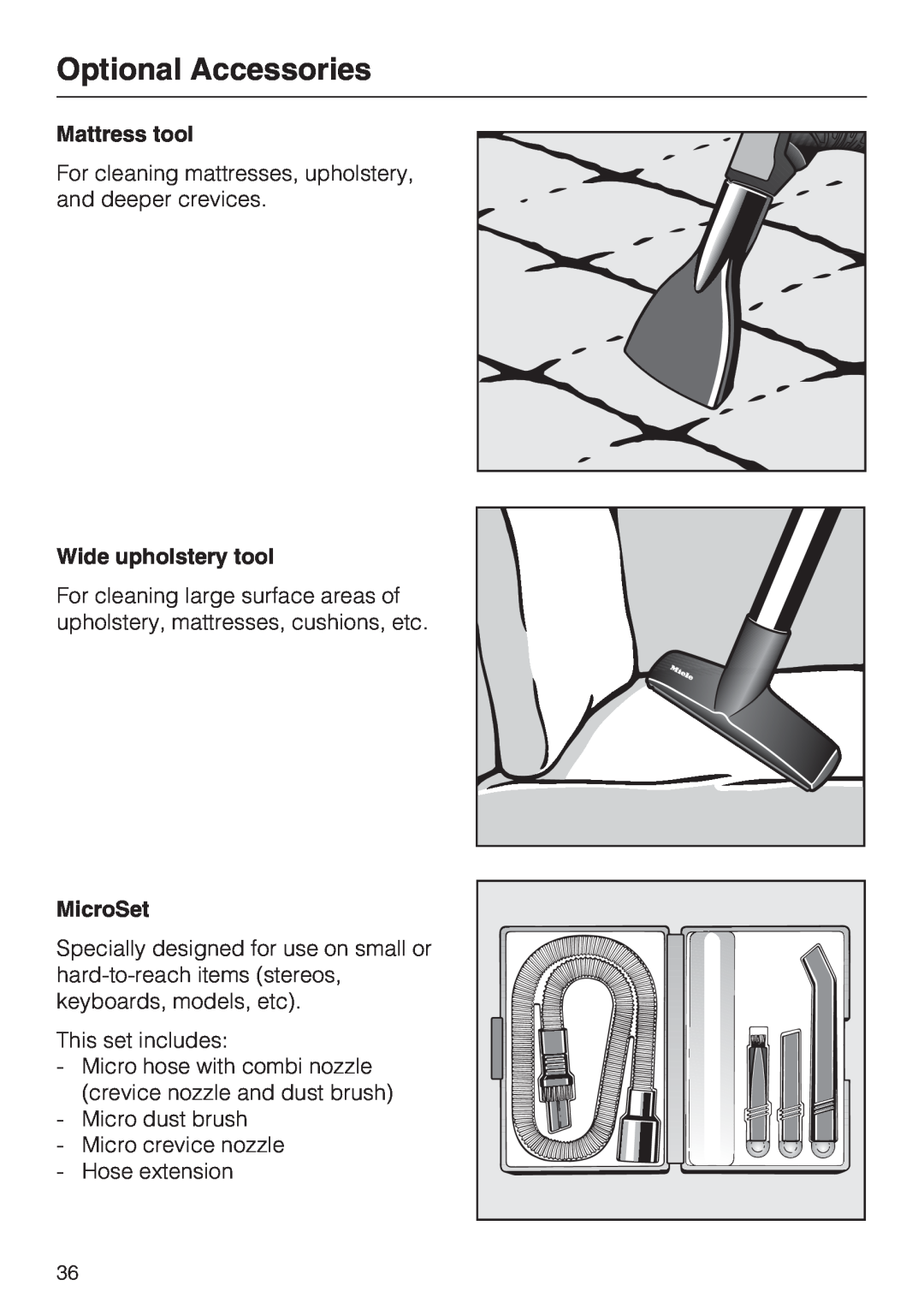 Miele S 7000 operating instructions Mattress tool, Wide upholstery tool, MicroSet, Optional Accessories 