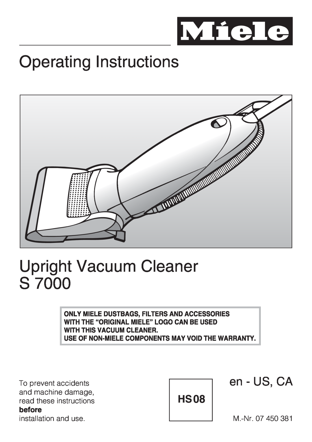 Miele S 7000 operating instructions Operating Instructions Upright Vacuum Cleaner S, en - US, CA 