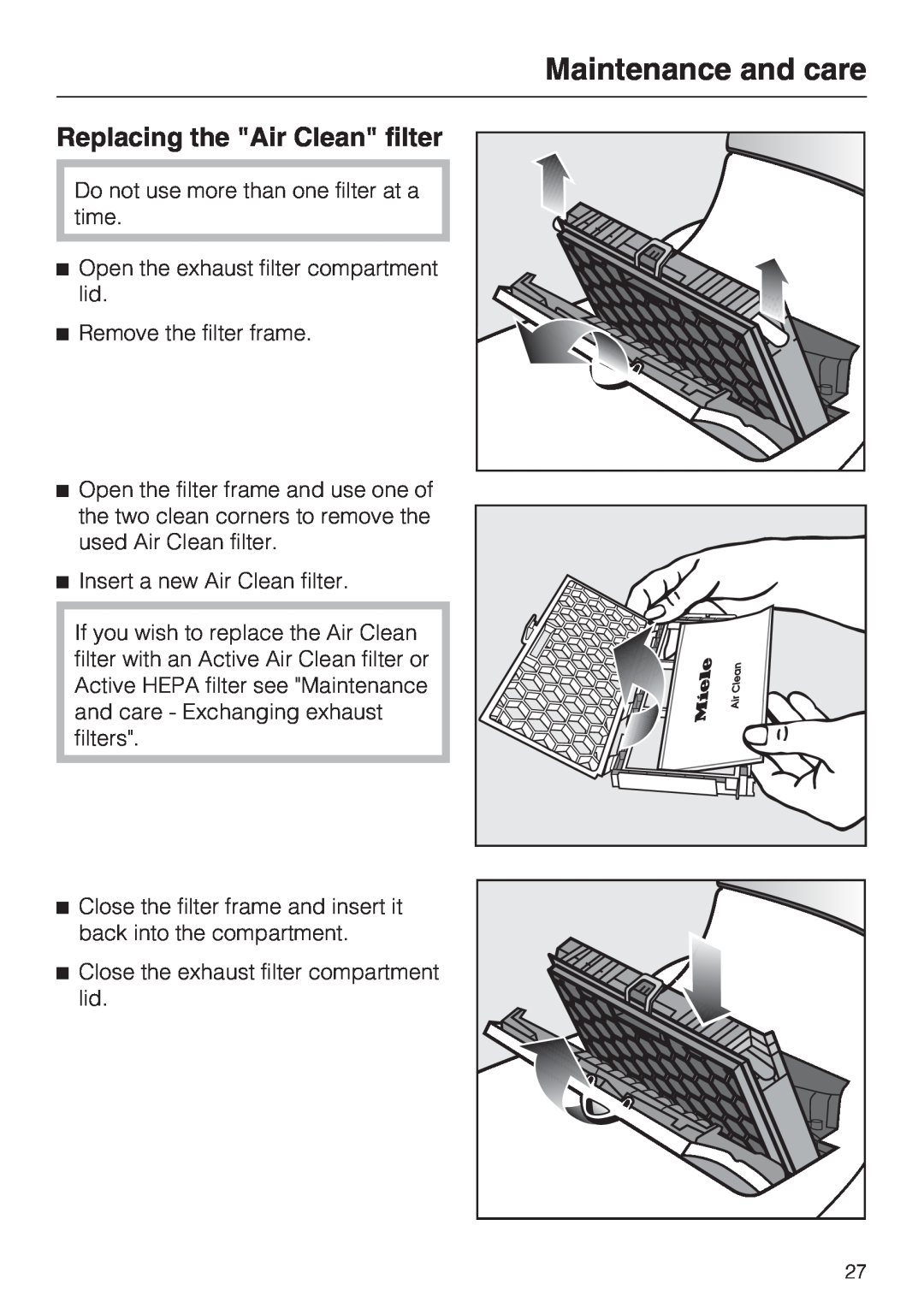 Miele S 7000 operating instructions Replacing the Air Clean filter, Maintenance and care 