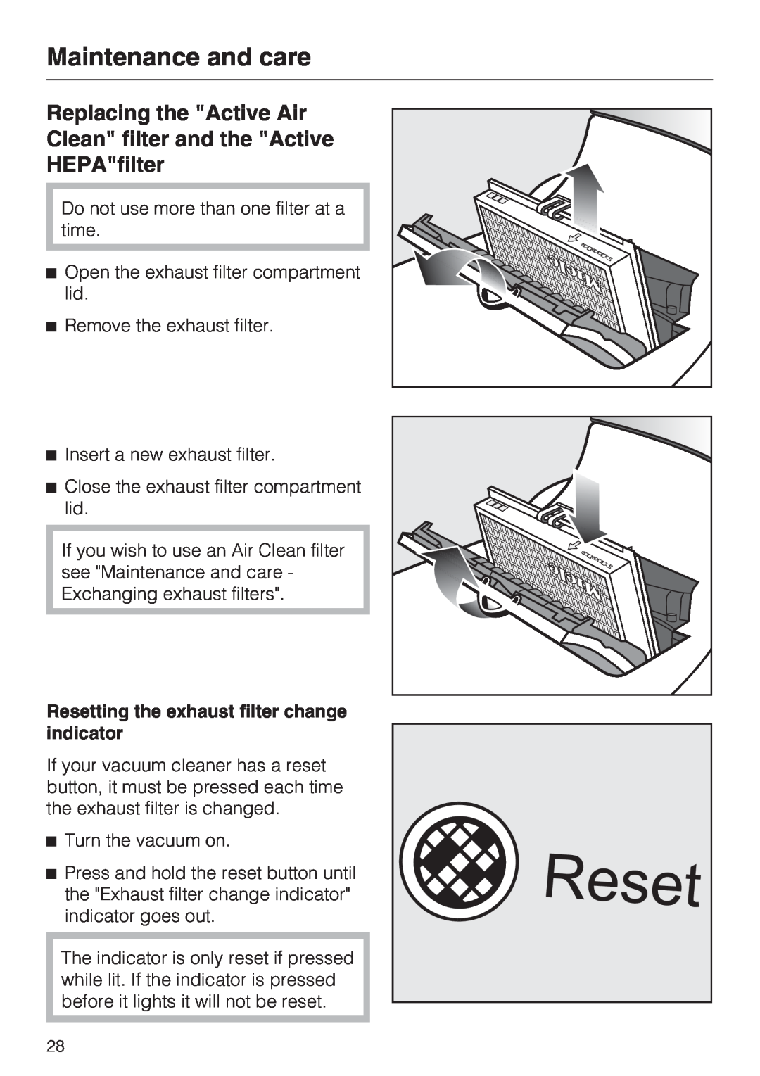 Miele S 7000 operating instructions Resetting the exhaust filter change indicator, Maintenance and care 