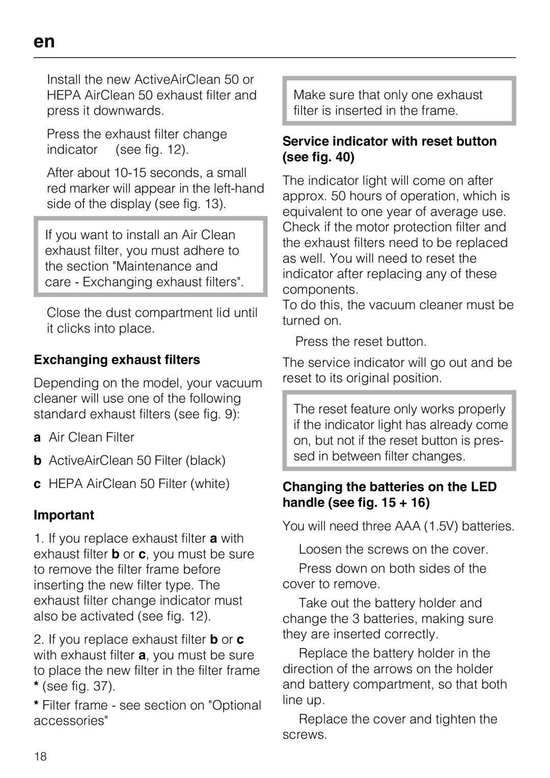 Miele S 8380, S 8390, S 8370 manual Exchanging exhaust filters, Service indicator with reset button see fig 