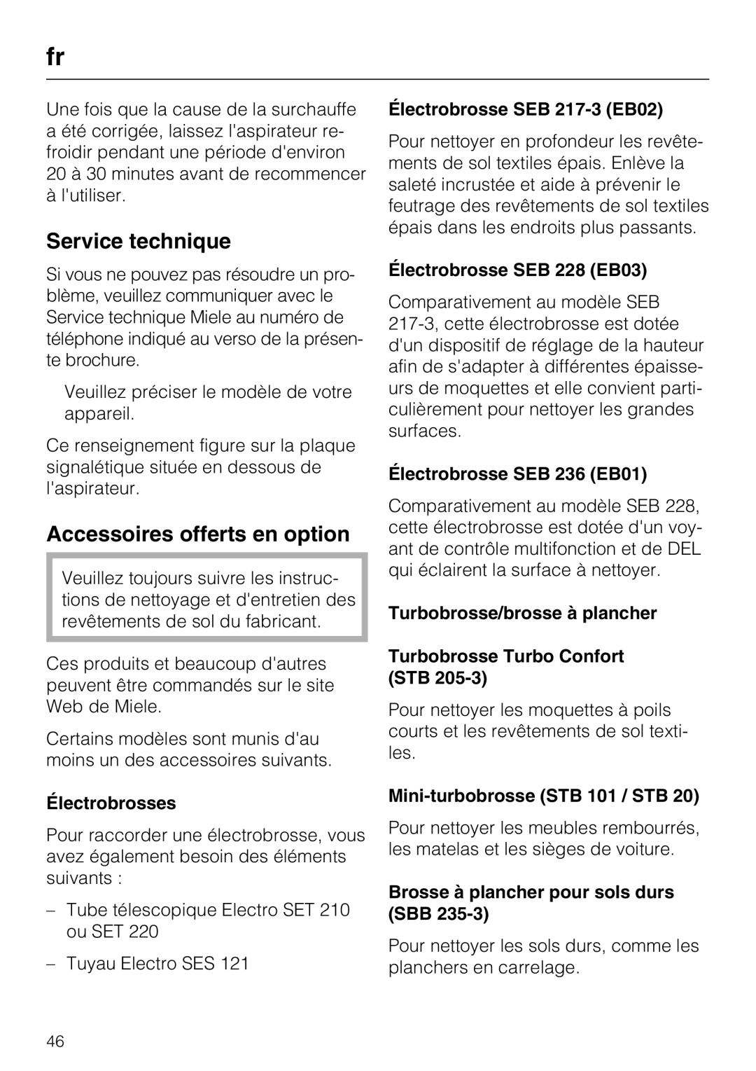 Miele S 8390, S 8380, S 8370 manual Service technique, Accessoires offerts en option 